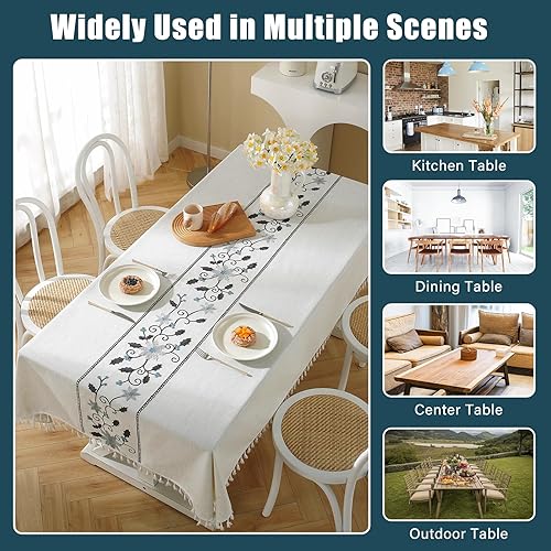 Miniatura 5 de TEWENE Mantel rectangular resistente al agua, de lino, bordado floral, para Navidad, Acción de Gracias (rectangularoblongo, 55 x 120 pulgadas, 10-12