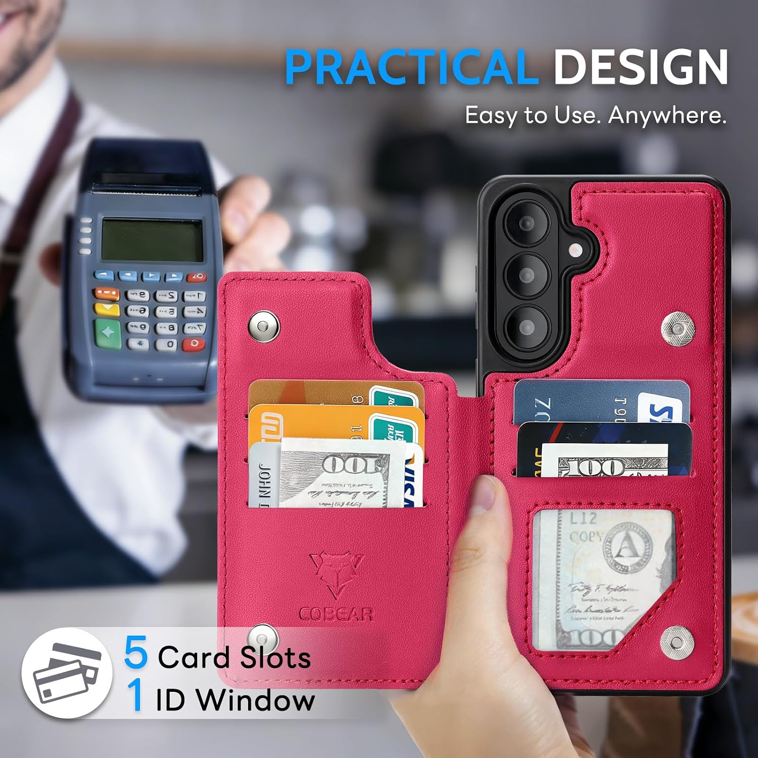 COBEAR for Samsung Galaxy S26 Wallet Case with 5 Card Holder, PU Leather, RFID Blocking, Kickstand Shockproof Women Men Phone Cover for Samsung Galaxy S26, Wine Red