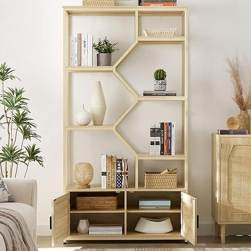 Miniatura 2 de Estantería de ratán de 7 niveles, estantería de almacenamiento de 7 niveles con puertas, estante de exhibición para coleccionables, estantería alta,