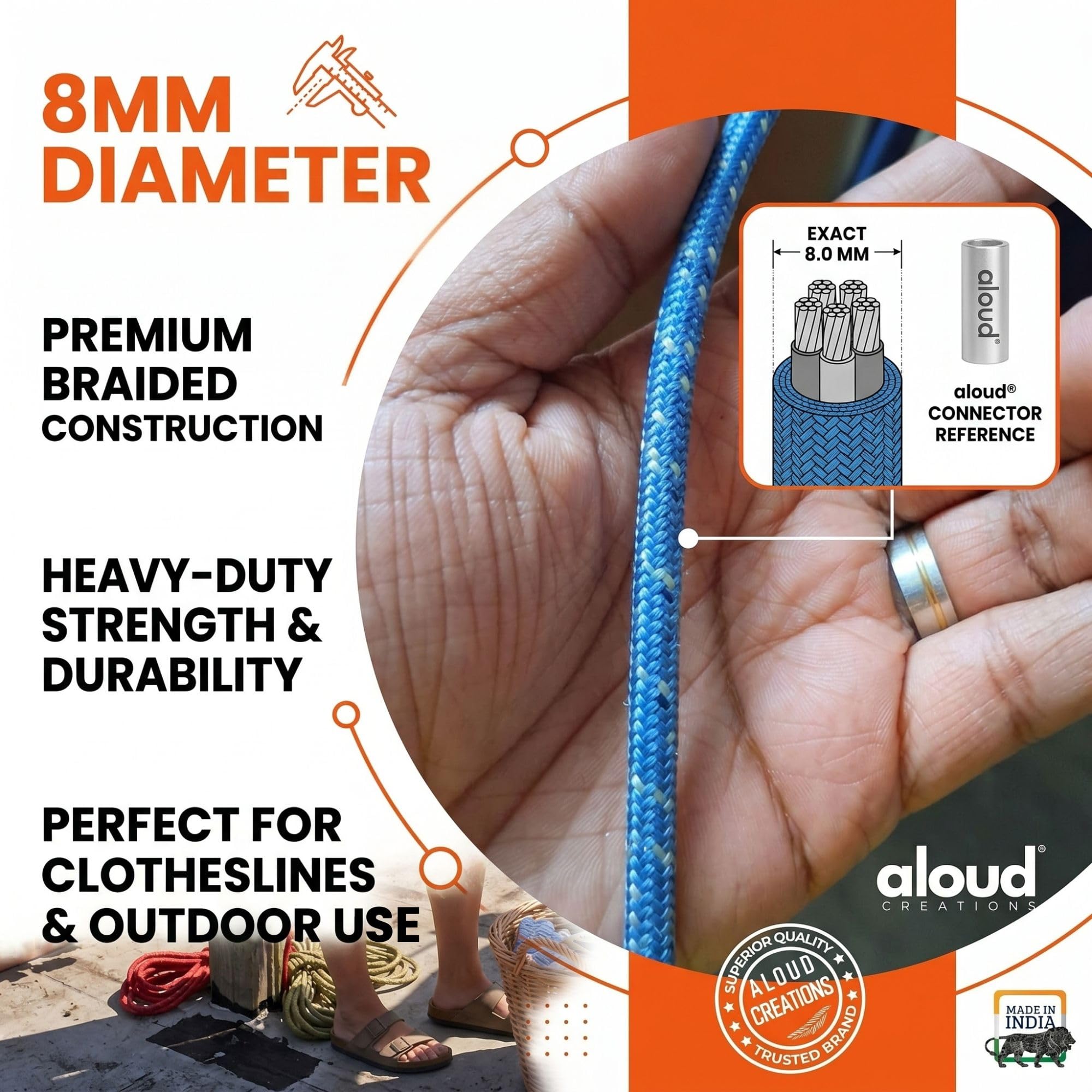ALOUD CREATIONS 8mm Thick Diamond Braided Polyester Rope, 15 Meter/ 50 feet | Heavy Duty Rope for Cloth Drying, Anchor, Trees, Cargo, Load Pulling, Sailing | Multicolour, Pack of 1