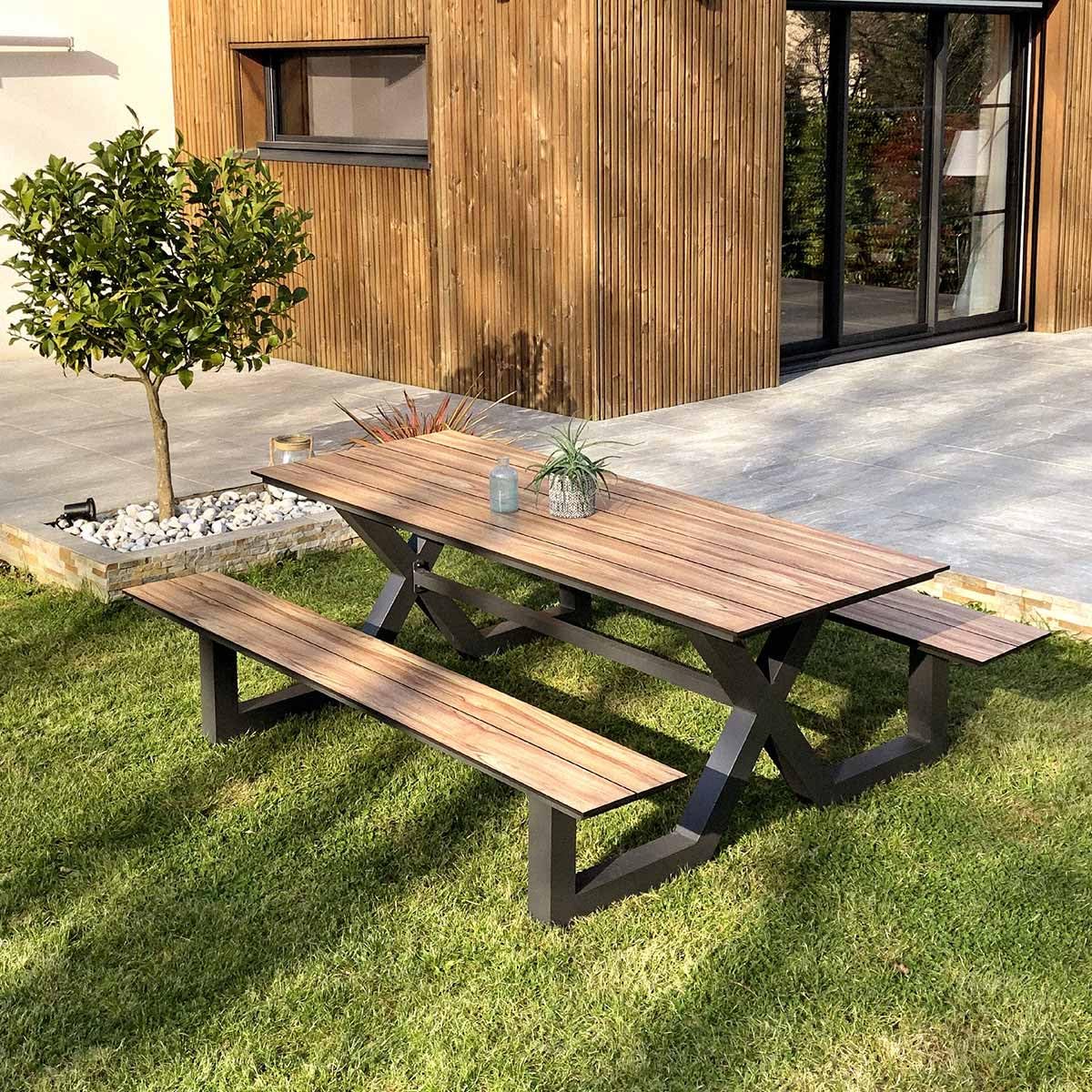 Table de Jardin & 2 Bancs Vancouver 210cm Gris Anthracite