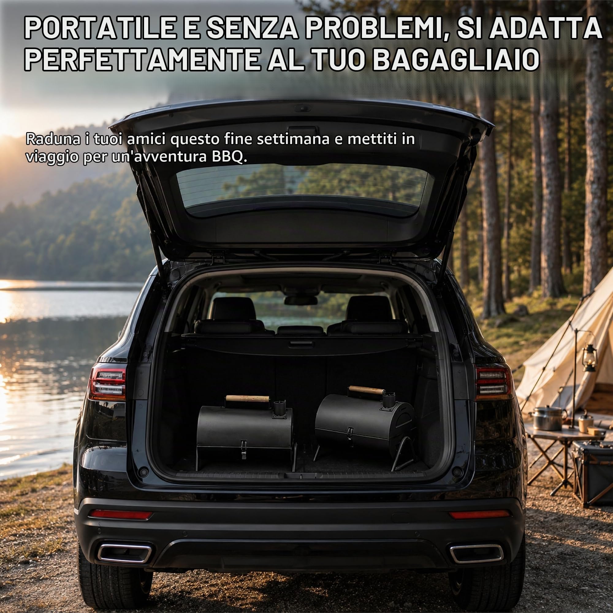 Barbecue a carbonella con doppia superficie di cottura, 37,5 x 25,5 cm, portatile, per esterni, in acciaio, con coperchio, camino e manico in legno, per giardino, terrazza, campeggio e picnic