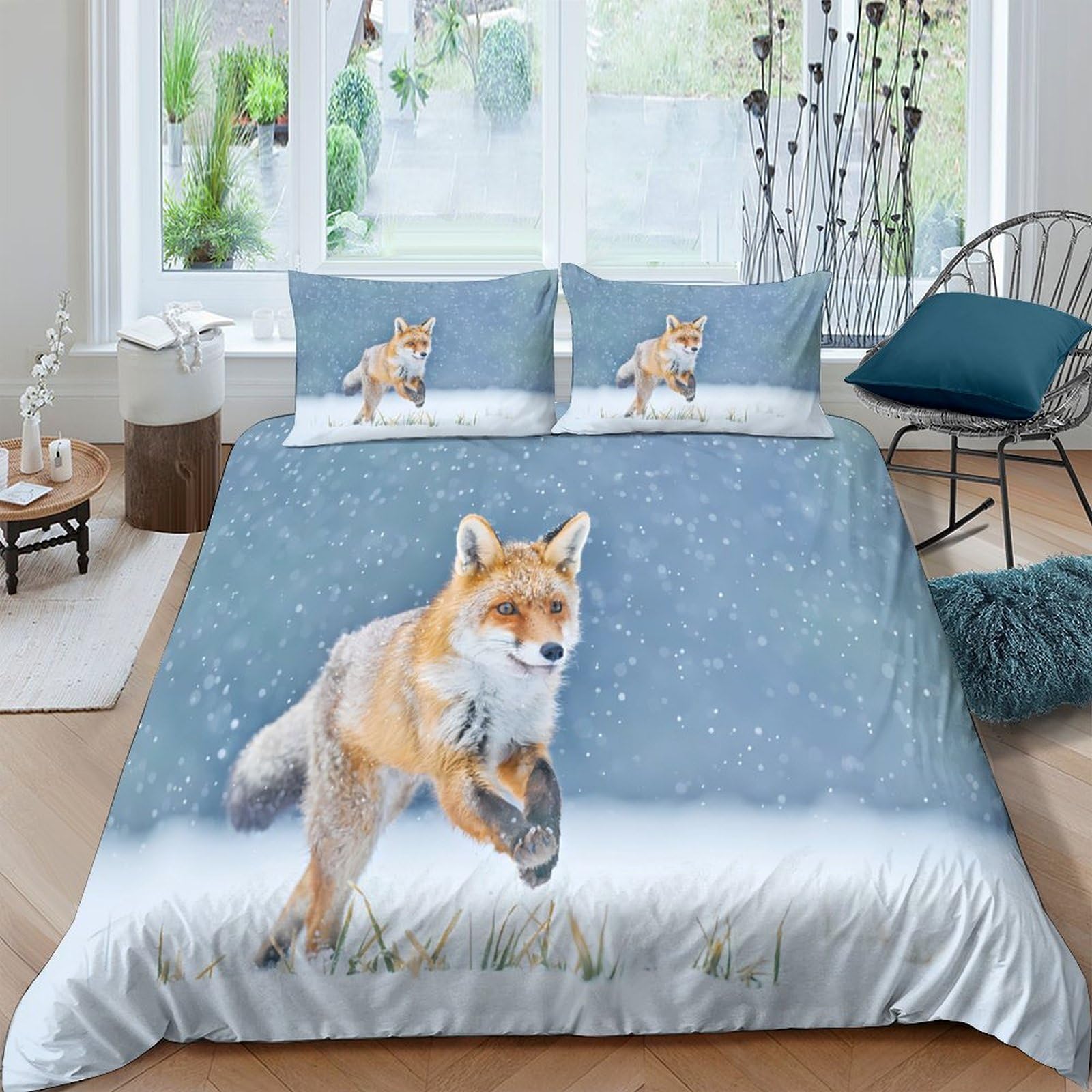 Ctjqhvkz Style-9 3D Printed Running Fox Fitted Sheet Microfiber Soft Blue Forest Snow Mattress Cover Bedroom Home Decor Single（135X200cm）