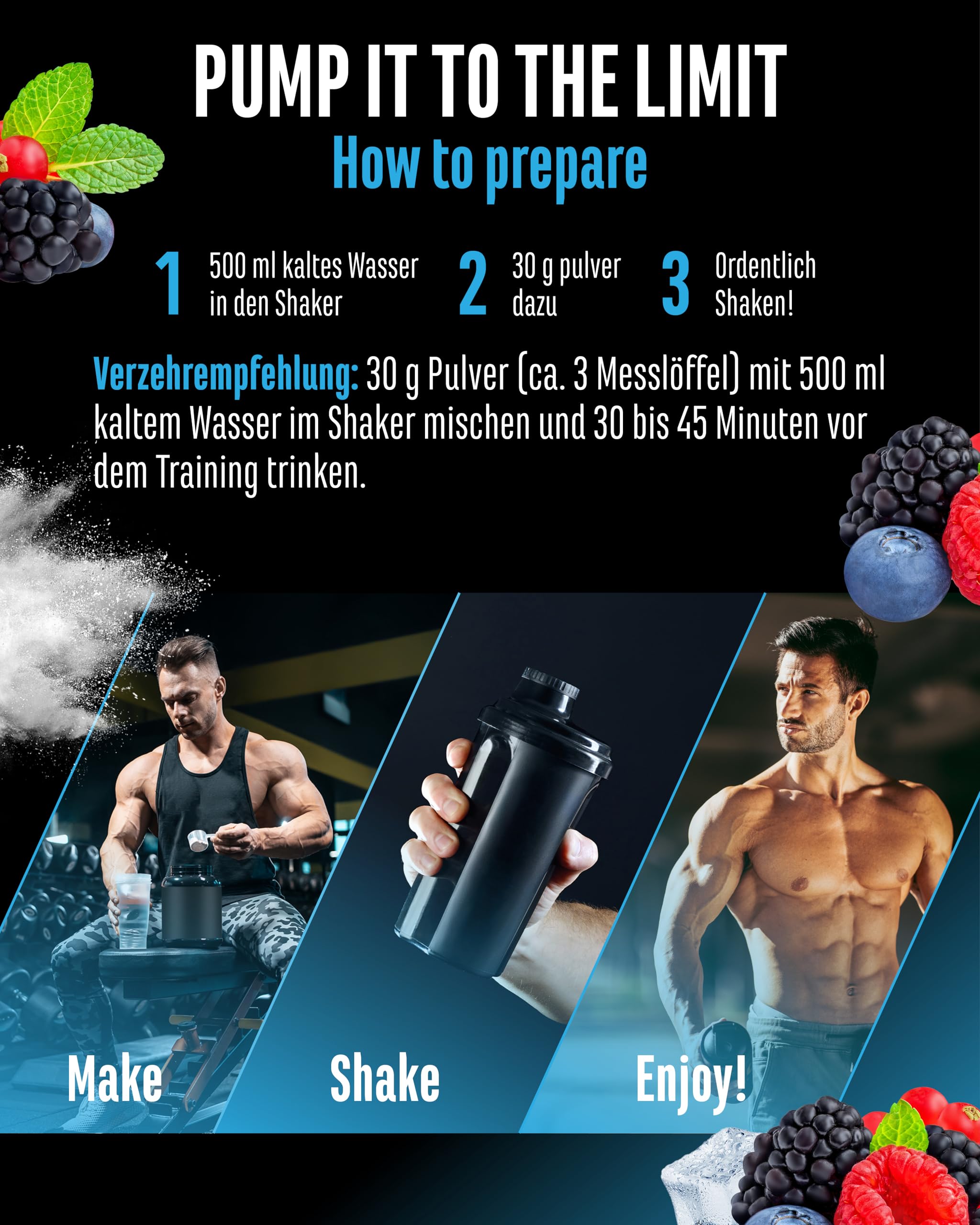 GEN GERMAN ELITE NUTRITION Pump it to the Limit - 450 g | Pump Booster ohne Koffein, mit Citrullin Malat, AAKG, OxyStorm®, Sabeet® & AstraGin®, vegan, Wildberry