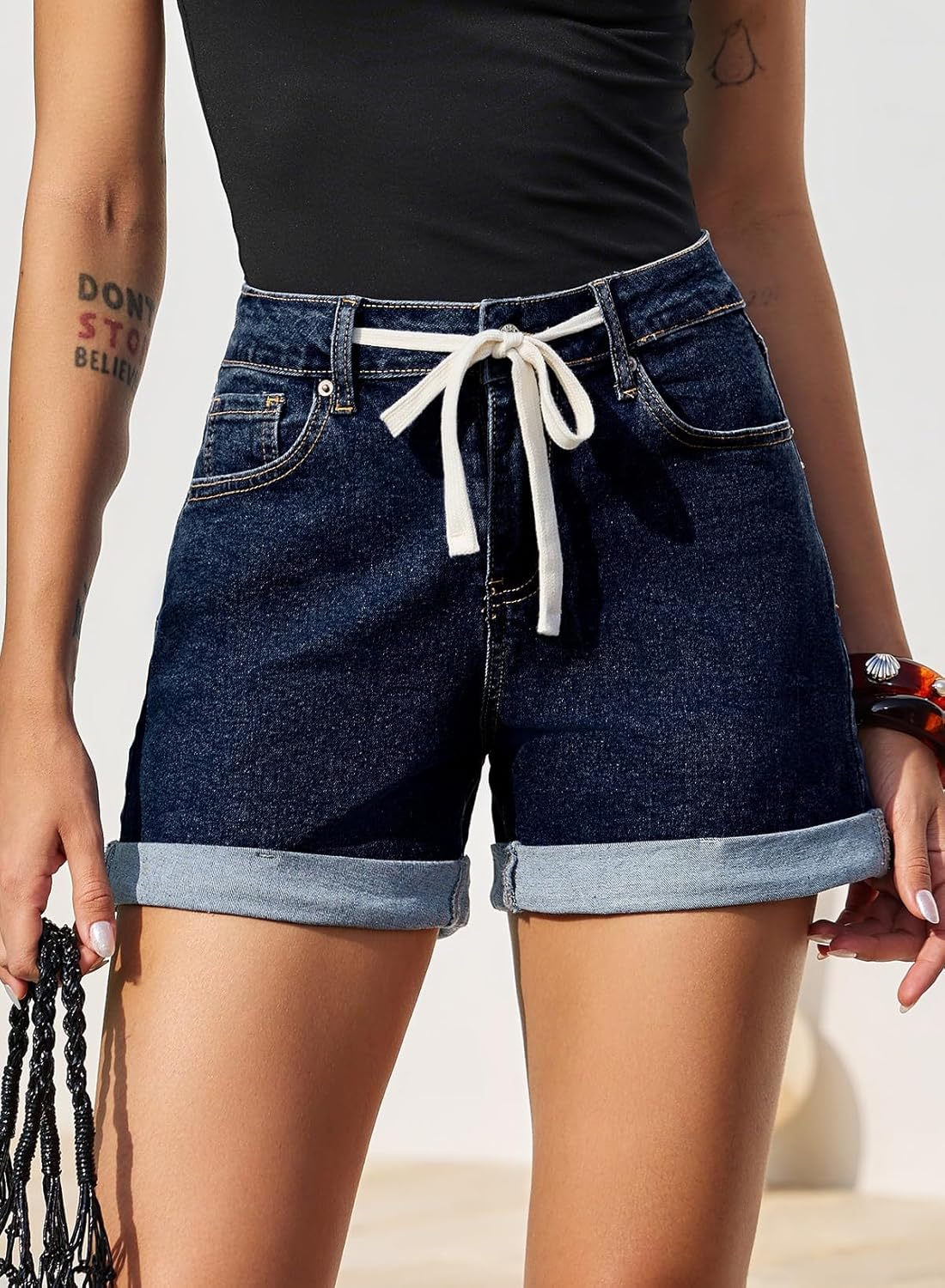 Sidefeel Women's Jean Shorts High Waisted Drawstring Fold Hem Baggy Denim Shorts - Image 3