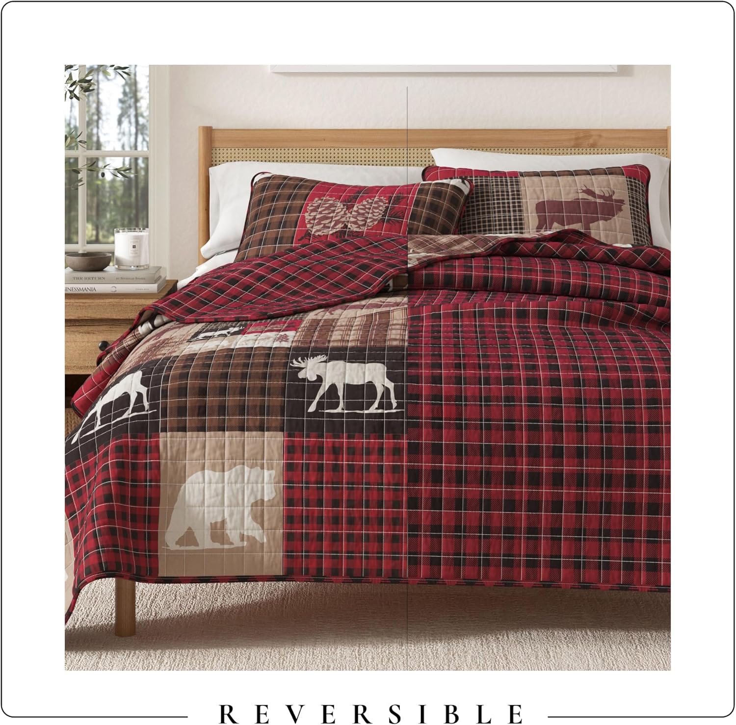 Great Bay Home Lodge Quilt Set - 3-Piece King/California King Size Rustic Bedding Set - Lightweight, All-Season, Reversible Bedspread (Hemlock Red/Brown)