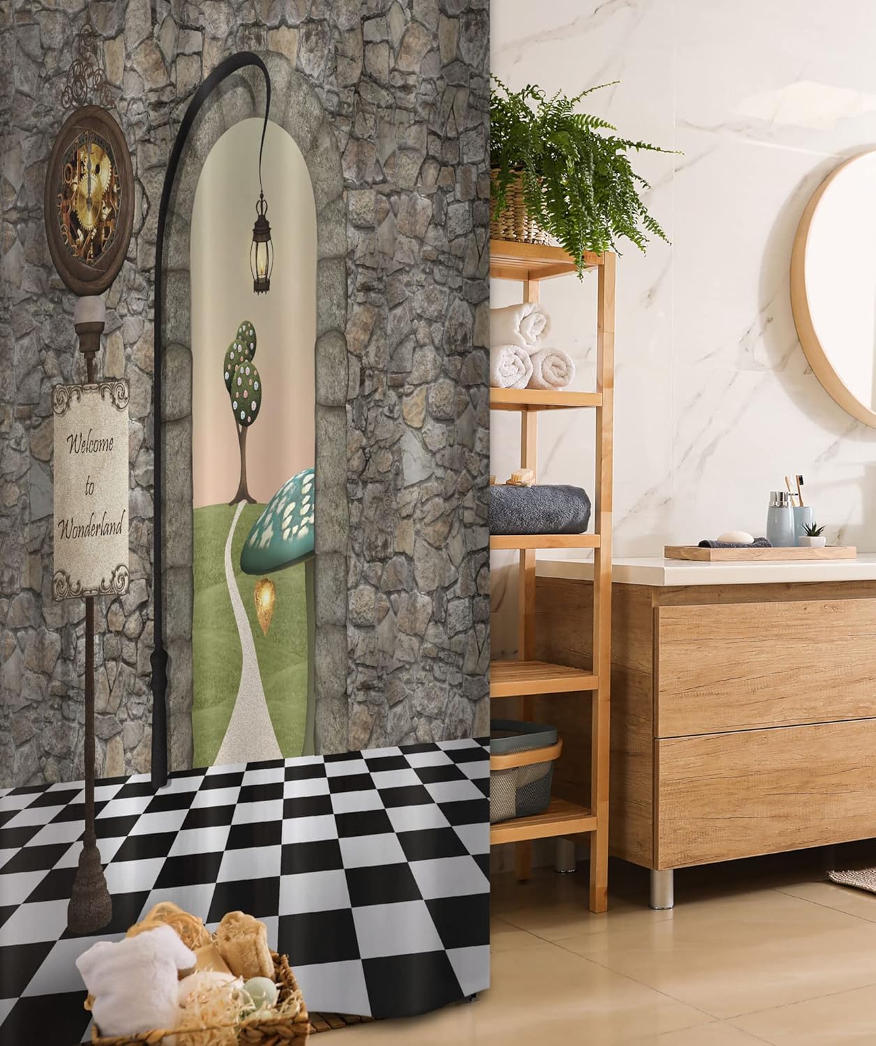 Ambesonne Alice in Wonderland Stall Shower Curtain, Welcome Wonderland Black and White Floor Landscape Mushroom Lantern, Fabric Bathroom Decor Set with Hooks, 36" X 72", Black Green