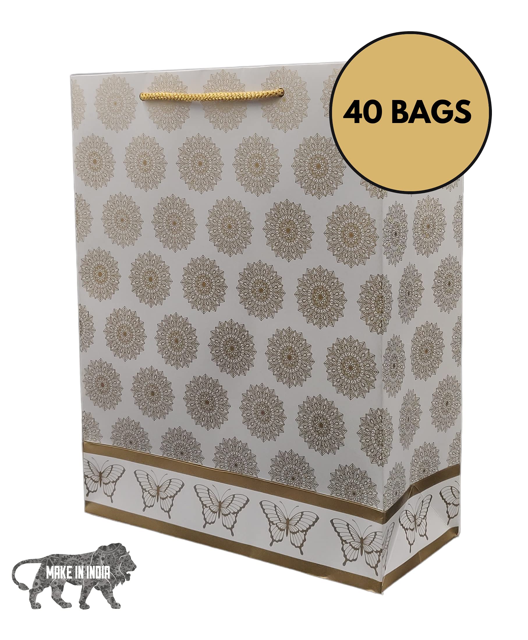 Arrow Paper Products Golden Mylar Round Printed Paper Gift Bags for Baby Shower Return Gift, Small Presents, Weddings, Birthday, Holiday Presents 1