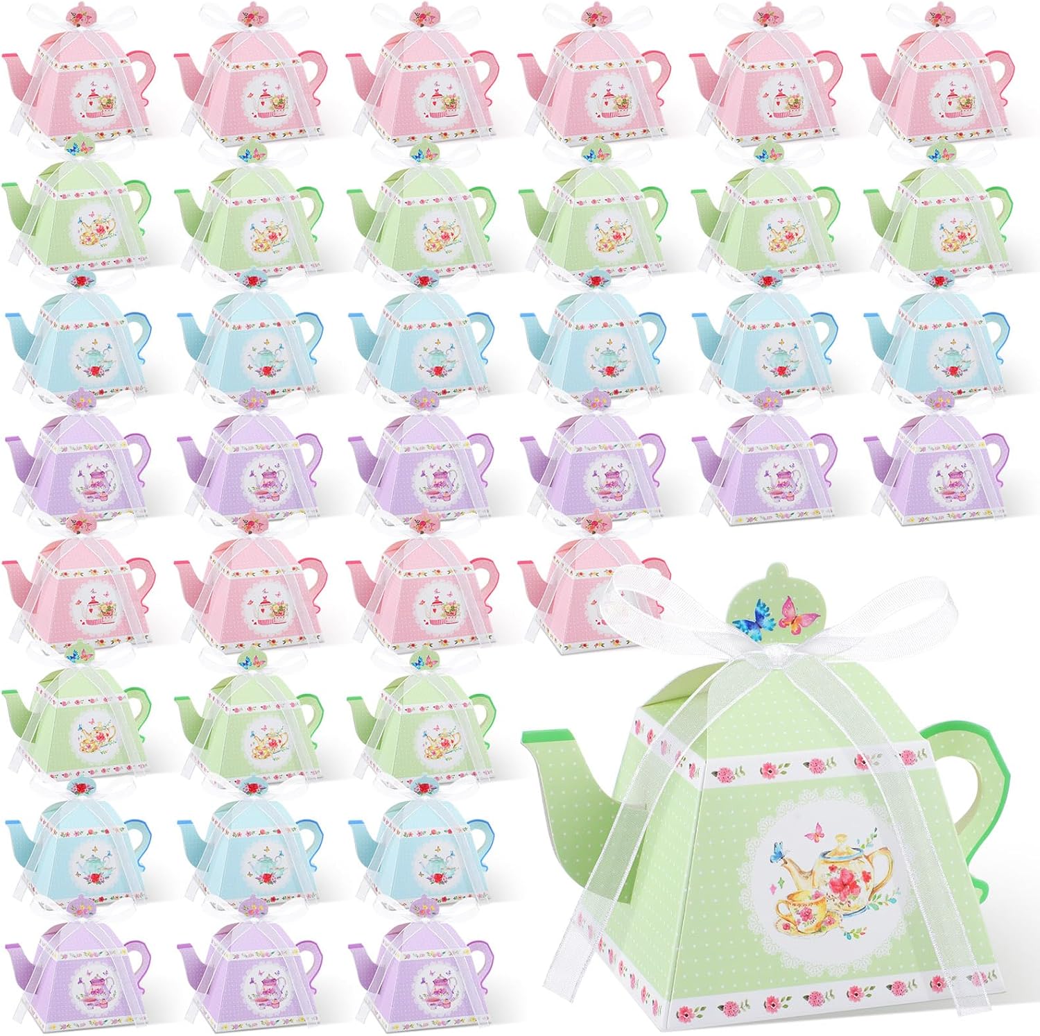 Seajan 48 Pcs Tea Party Favor Boxes Flower Teapot Treat Gift Boxes Floral Vintage Party Decorations for Tea Time Birthday Wedding Bridal Baby Shower Spring Supplies, 4 Styles(Cute)