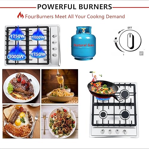 Miniatura 3 de Estufa de gas de 4 quemadores, estufa de gas de 23 pulgadas, de acero inoxidable, cocina de gas incorporada, cocina de gas natural plateada para