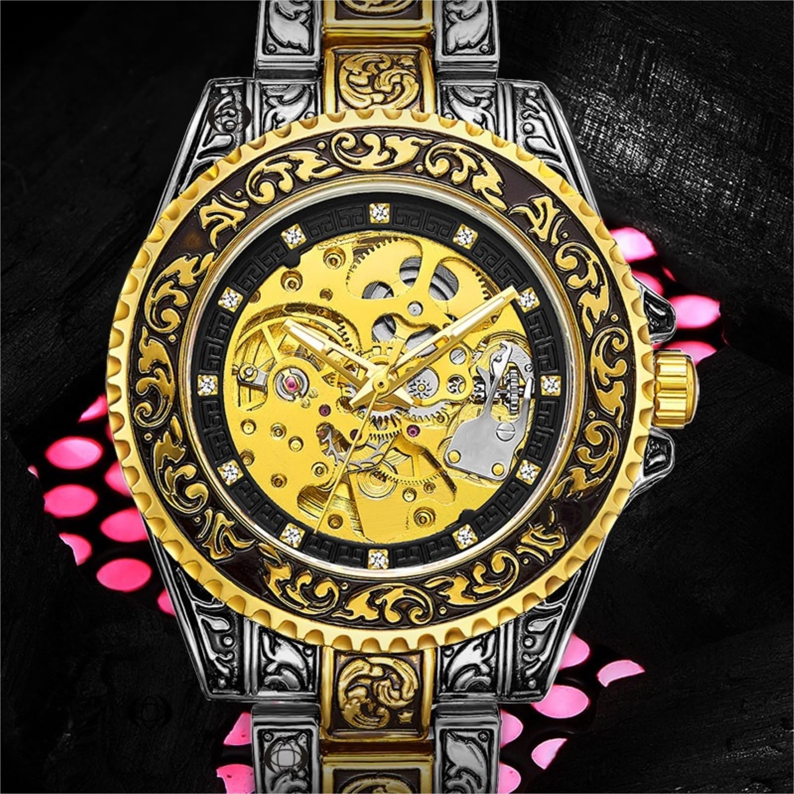 Zegarki Męski szkieletowy automatyczny zegarek ze stali nierdzewnej 43 mm, grawerowana tarcza retro smartwatch