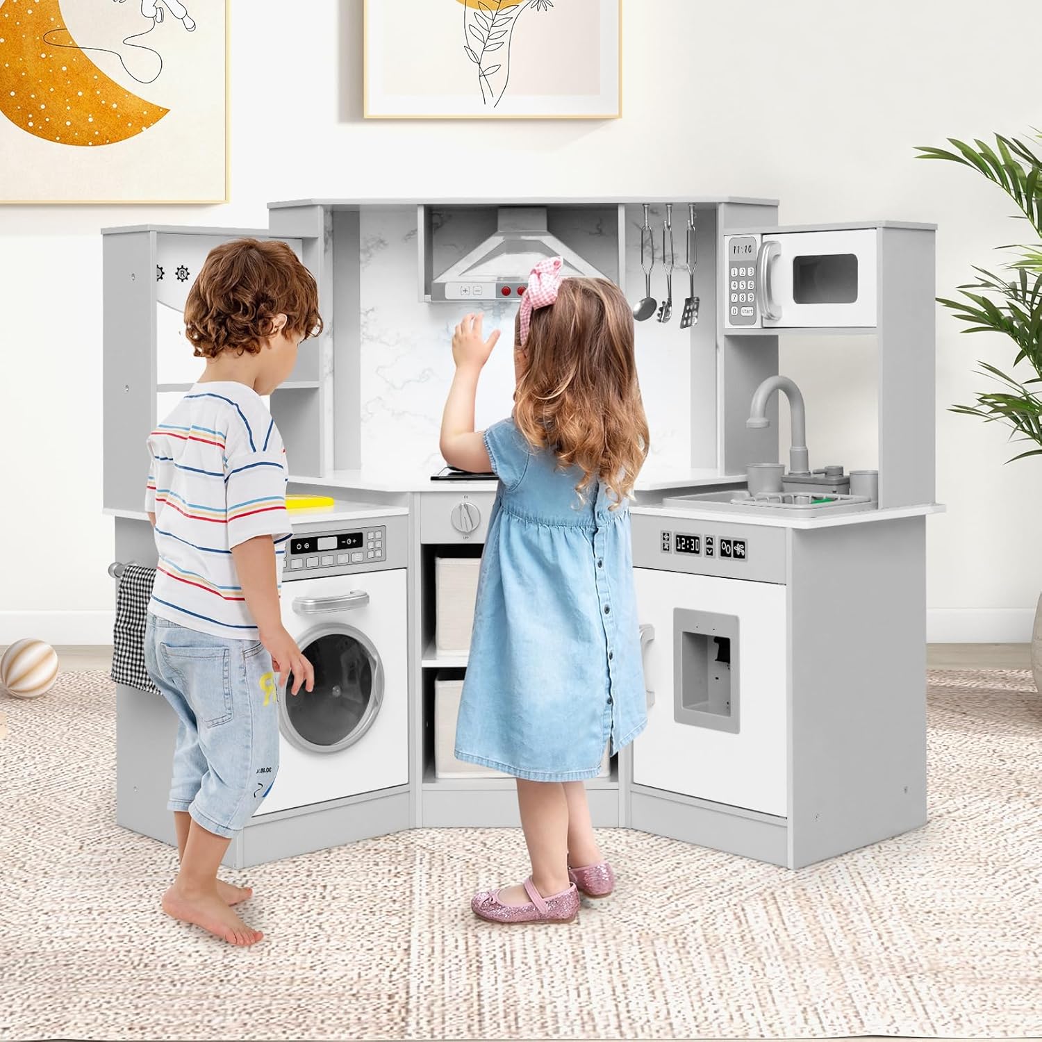 INFANS Kids Kitchen Playset with Real Running Water, Ultimate Wooden Corner Pretend Cooking Set with Simulation Light Sound Stove Storage Cabinet, Play Toy Gift