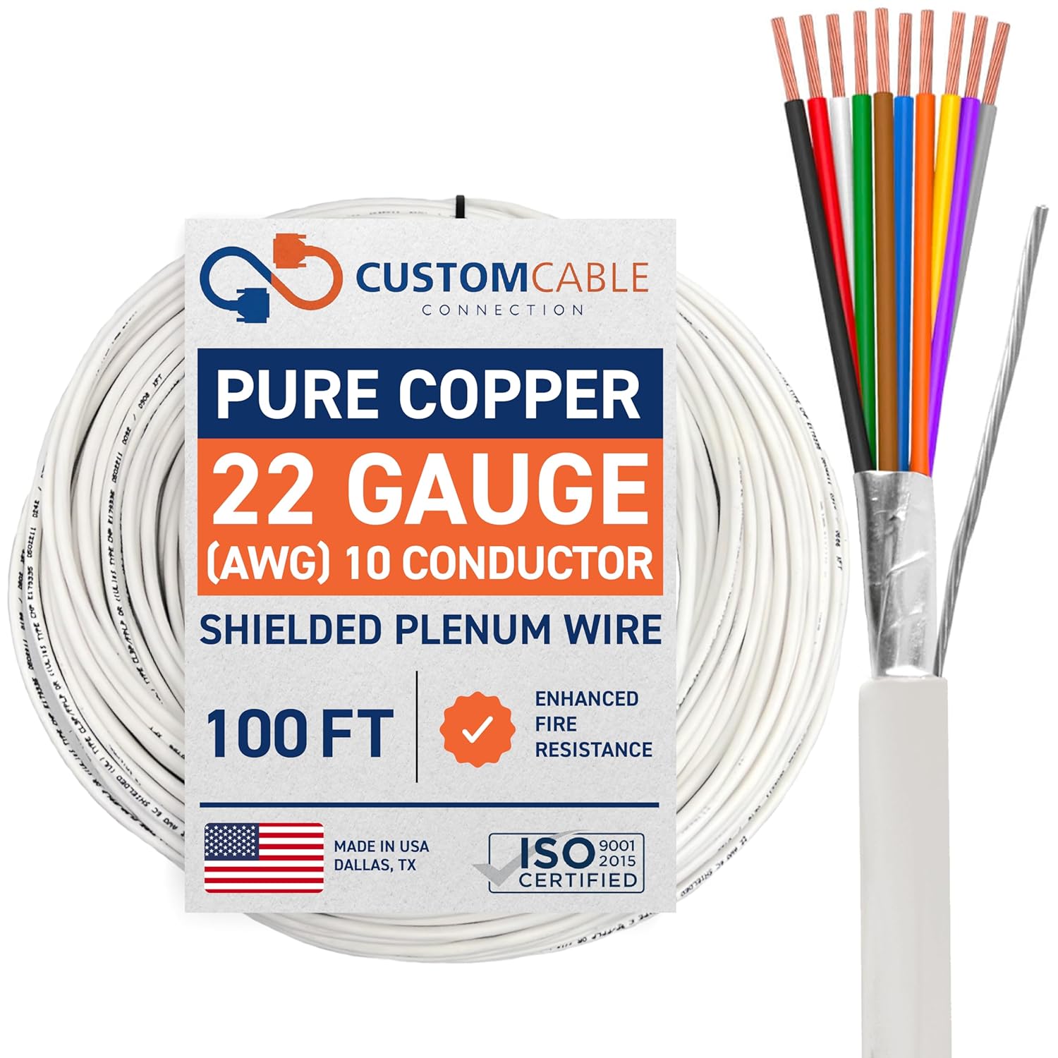 22 AWG 10 Conductor Stranded Shielded Plenum Cable CL3P White Jacket for Security/Alarm/Access Control/Sound - 100 Foot Roll in a Bag
