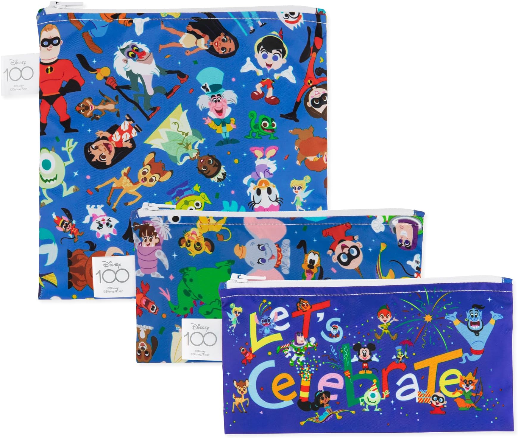 Bumkins Disney Reusable Sandwich and Snack Bags, for Kids School Lunch and for Adults Portion, Washable Fabric, Waterproof Cloth Zip Bag, Travel Pouch, Food-Safe Storage, 3-pack, 100 Years Celebration