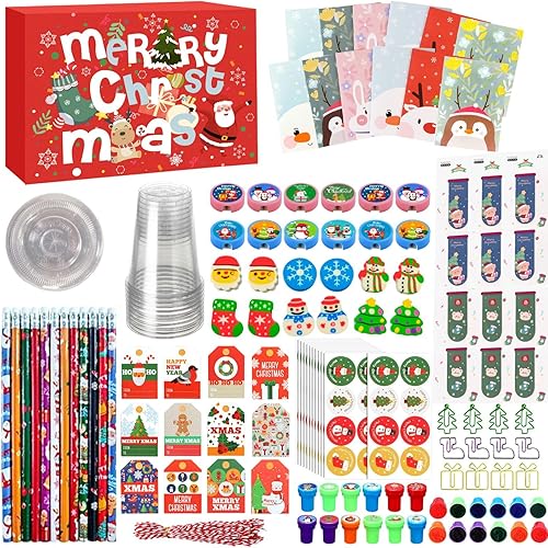 Riomh Juego de papelería escolar de Navidad de 144 piezas, regalos de aula de Navidad para estudiantes, regalo de intercambio de Navidad, premio de