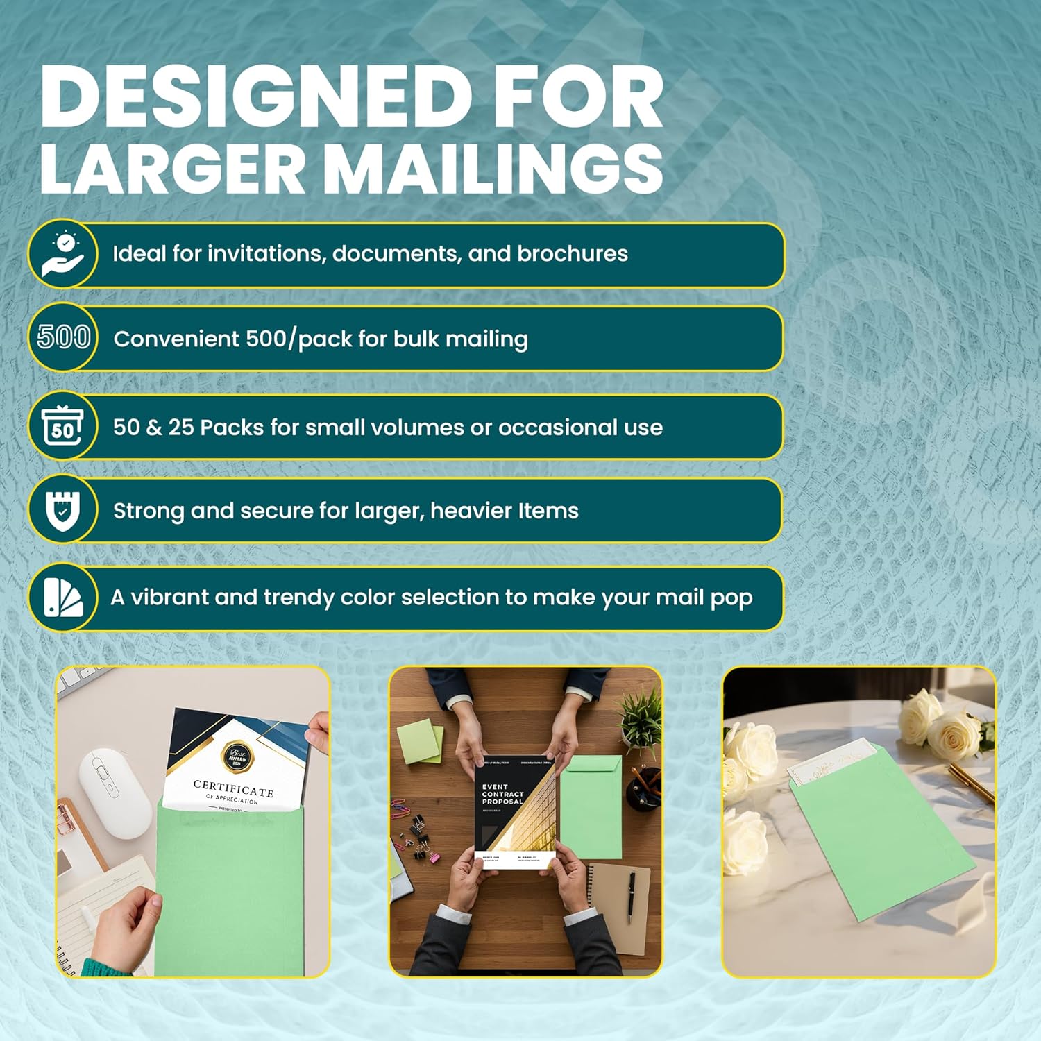 6x9 Green Envelopes Self Seal, 500/pack, Colored Envelopes Letter Size 6 x 9 inch, Open End Flap Style for Cards, Invitations, Holiday, Postcards, Gifts, for 5x7 Cards - 32lb Heavyweight Paper