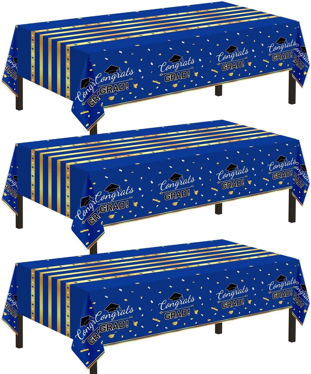 Childom 3 Pack Graduation Tablecloth,Graduation Decorations Class of 2026 Graduation Party Decorations,54"x108" Blue and Gold Plastic Table Cloth Disposable Rectangle for Home,School,Party Supplies