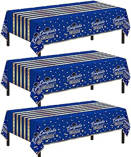 Childom 3 Pack Graduation Tablecloth,Graduation Decorations Class of 2026 Graduation Party Decorations,54"x108" Blue and Gold Plastic Table Cloth Disposable Rectangle for Home,School,Party Supplies