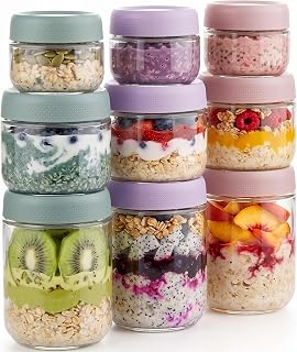 Airtight Glass Food Storage Containers with Screw Lids, Wide Mouth Overnight Oats Jars, Meal Prep Containers for Salad Dressing, Condiment, Spice, Baby Food Snacks (Mix-9Pack)