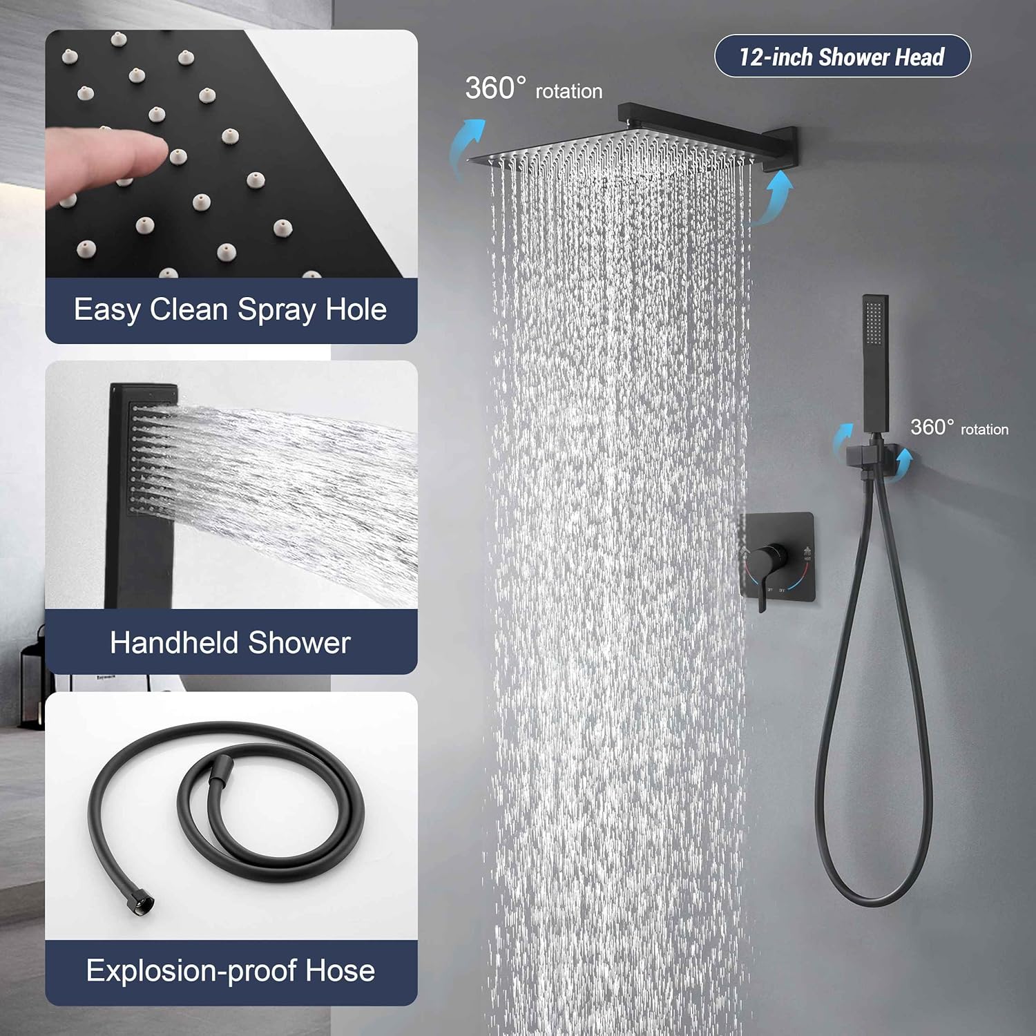 Matte Black Rainfall Shower System with Shower Head and Square Handheld Shower Head,High Pressure Bathroom Luxury Rain Mixer Shower Complete Combo Set,Wall Mounted,12 Inch Rainfall Shower Head
