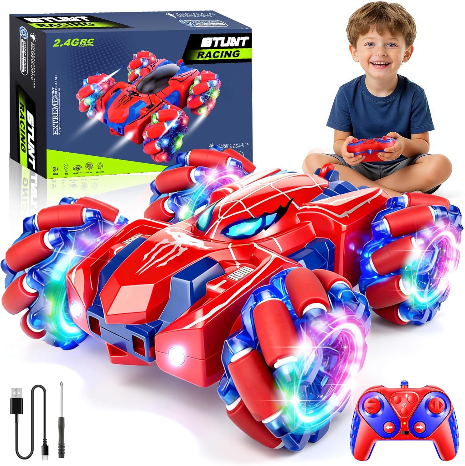 Spider Remote Control Car, 2.4Ghz Rechargeable Rc Cars 360° Rotating 4WD Stunt Car with Cool Lights | Double Sided Drift | Indoor Toys for Kids Ages 3-12 | Birthday