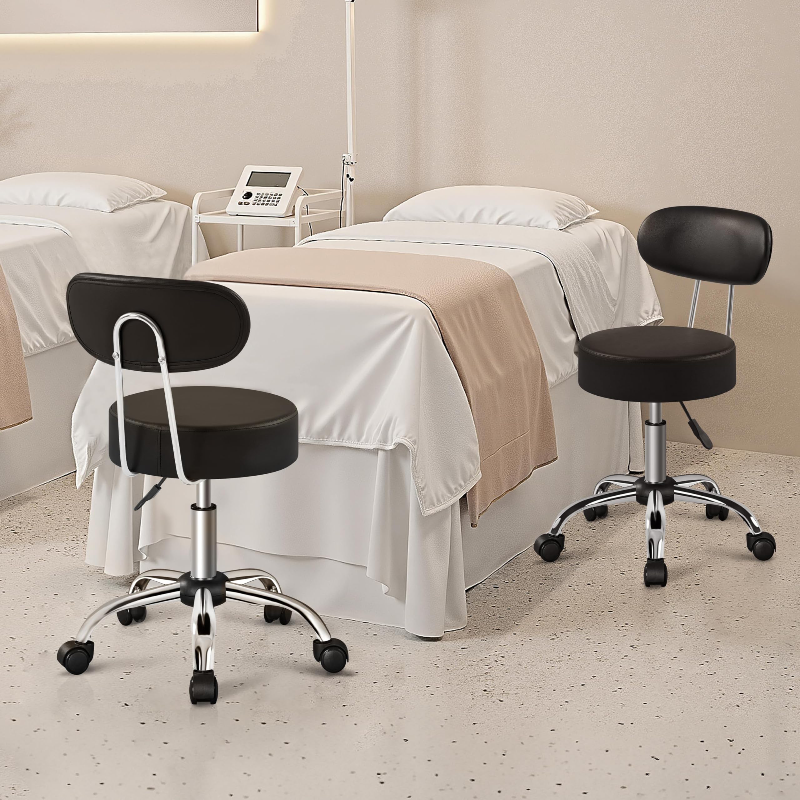 Yaheetech Taburete de Peluquería, Silla de Peluquería, Taburete Alto con Respaldo, Altura Regulable, Giratorio 360º, para Manicura, Pedicura, Tatuajes Negro