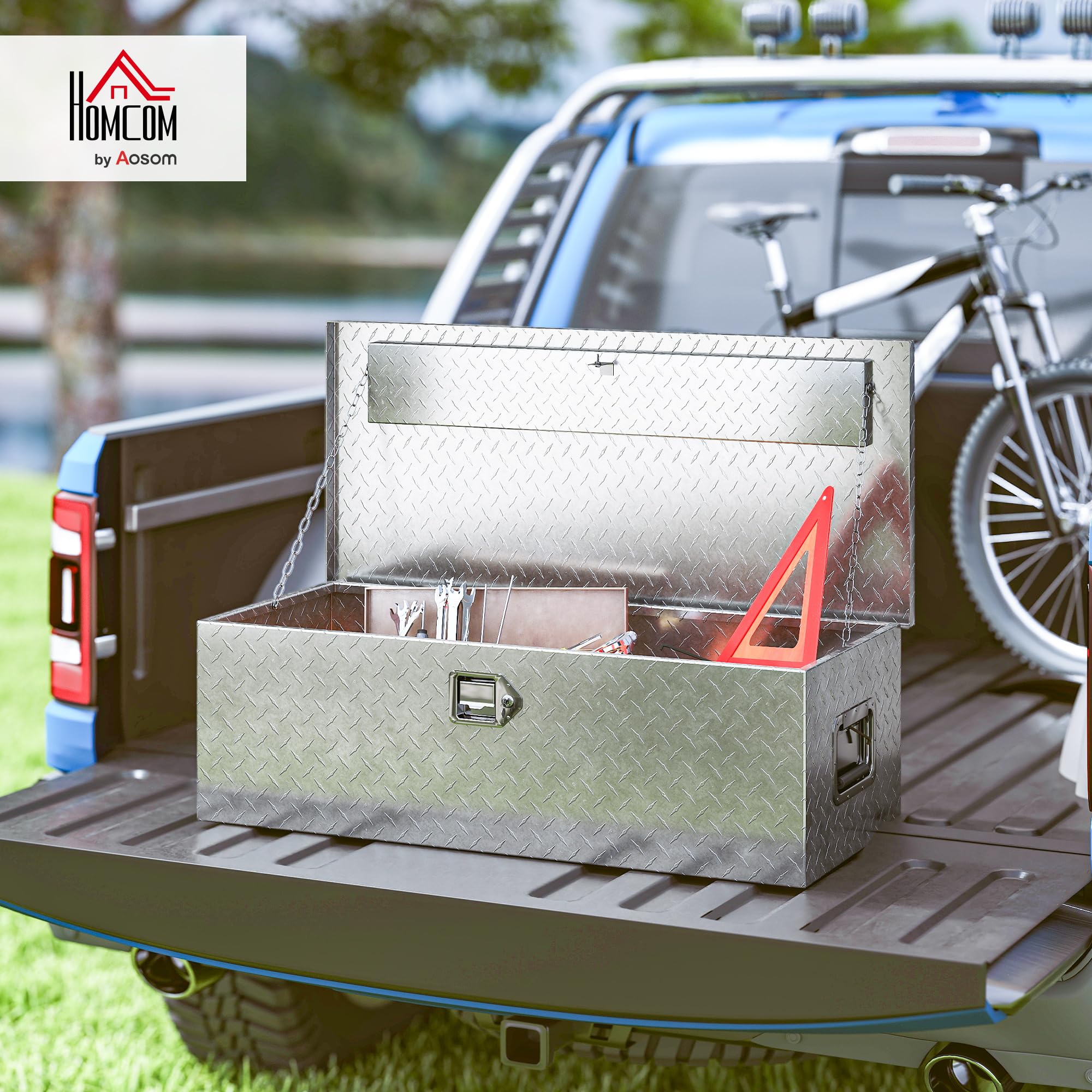 HOMCOM Caja de herramientas de aluminio con cerradura y 2 llaves, asa lateral, caja portaútiles resistente de 43 l, caja portaobjetos para camionetas, caravanas y remolques, 76,2 x 33 x 24,4 cm,