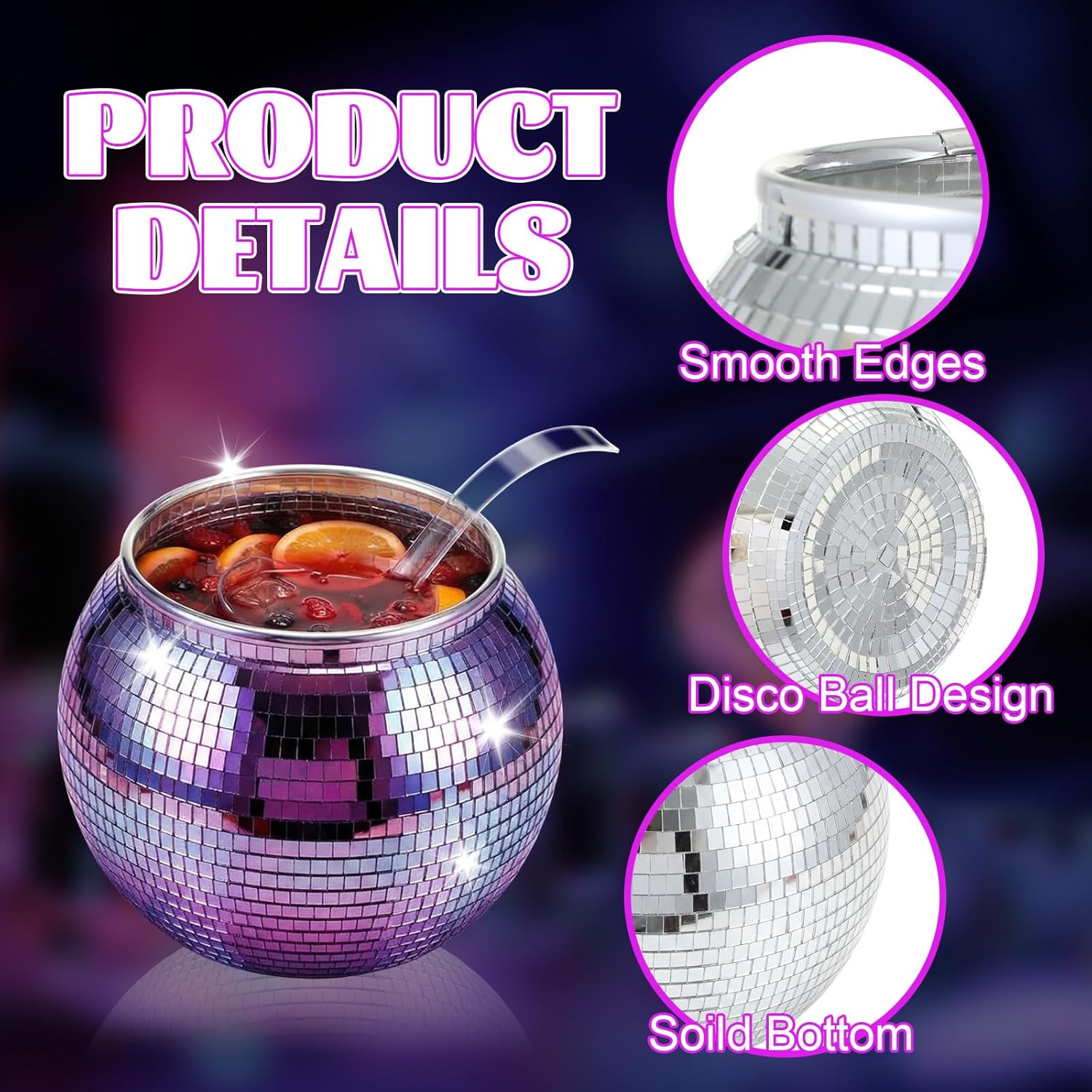 6 Pcs Disco Punch Bowl Set, 1.3 Gallon Large Plastic Punch Bowl with Ladle and 4 Glass Cups for Disco Party Favor Bar Supplies Holiday Wedding Valentine St. Patricks Day Barbecue Party