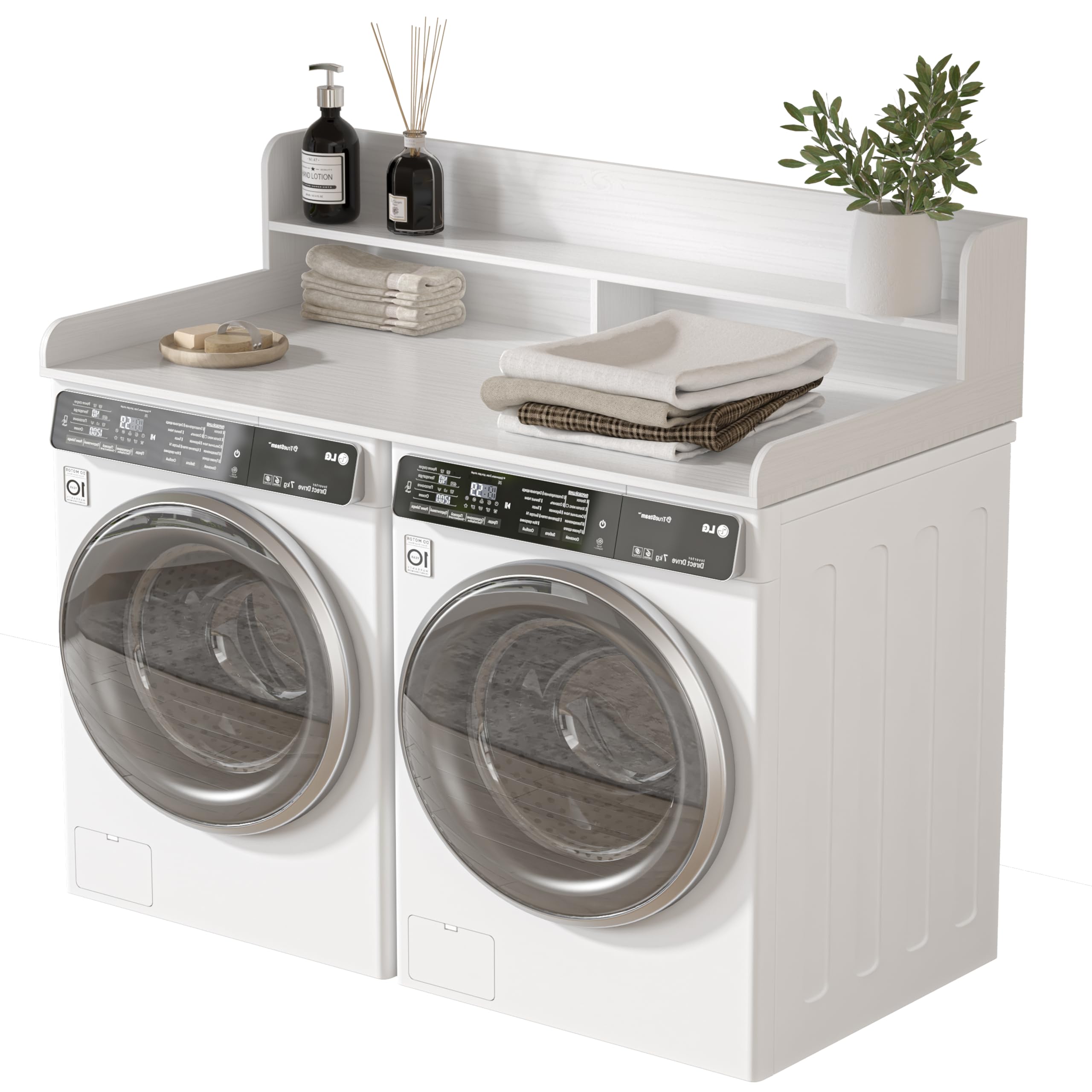 piskyet washer dryer countertop,2- tier laundry countertop with edge rails,27.5" depth x 54" wood countertop,laundry machine topper for laundry room organization and storage(white)