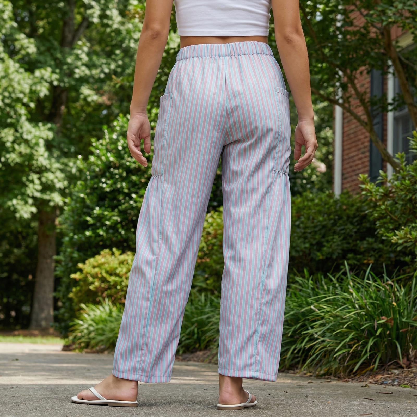 Sexy Outfit Pantalon Sarouel rayé en Coton et Lin pour Femmes, Ample, Jambes Larges, Cordon de Serrage, Pantalon de Plage avec Poches, vêtements de détente d'été