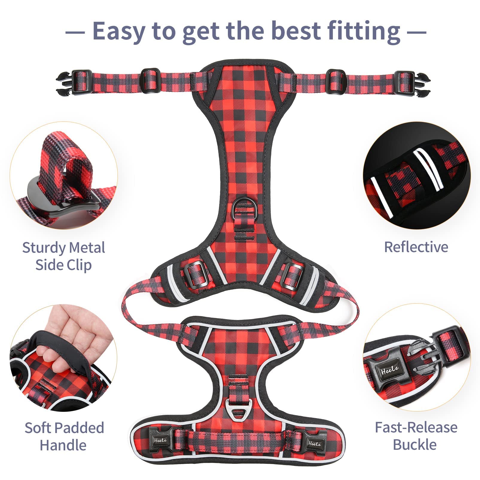 HEELE Pettorina per Cani No-pull Pettorina Cane con Manico Imbracatura Riflettente Traspirante, Pettorina Cane Taglia Piccola per Camminare, Addestrare Le Passeggiate, Plaid Nero-Rosso, XS