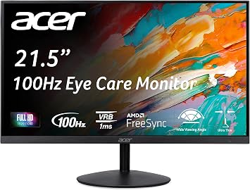 Acer SB222Q EBI 21.5" FHD 1920 x 1080 IPS Zero Frame IPS Gaming Office Monitor | AMD FreeSync Technology | Ultra Thin Stylish Design | Up to 100Hz | 1ms VRB | Low Blue Light | Tilt | HDMI & VGA Ports