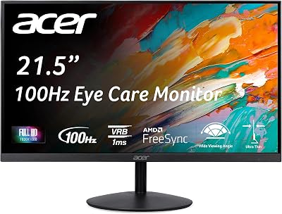 Acer SB222Q EBI 21.5" Full HD (1920 x 1080) Widescreen Frameless IPS Monitor|AMD FreeSync | 1ms (VRB) | 100Hz Refresh | 1 x HDMI & 1 x VGA | HDMI Cable Incl.