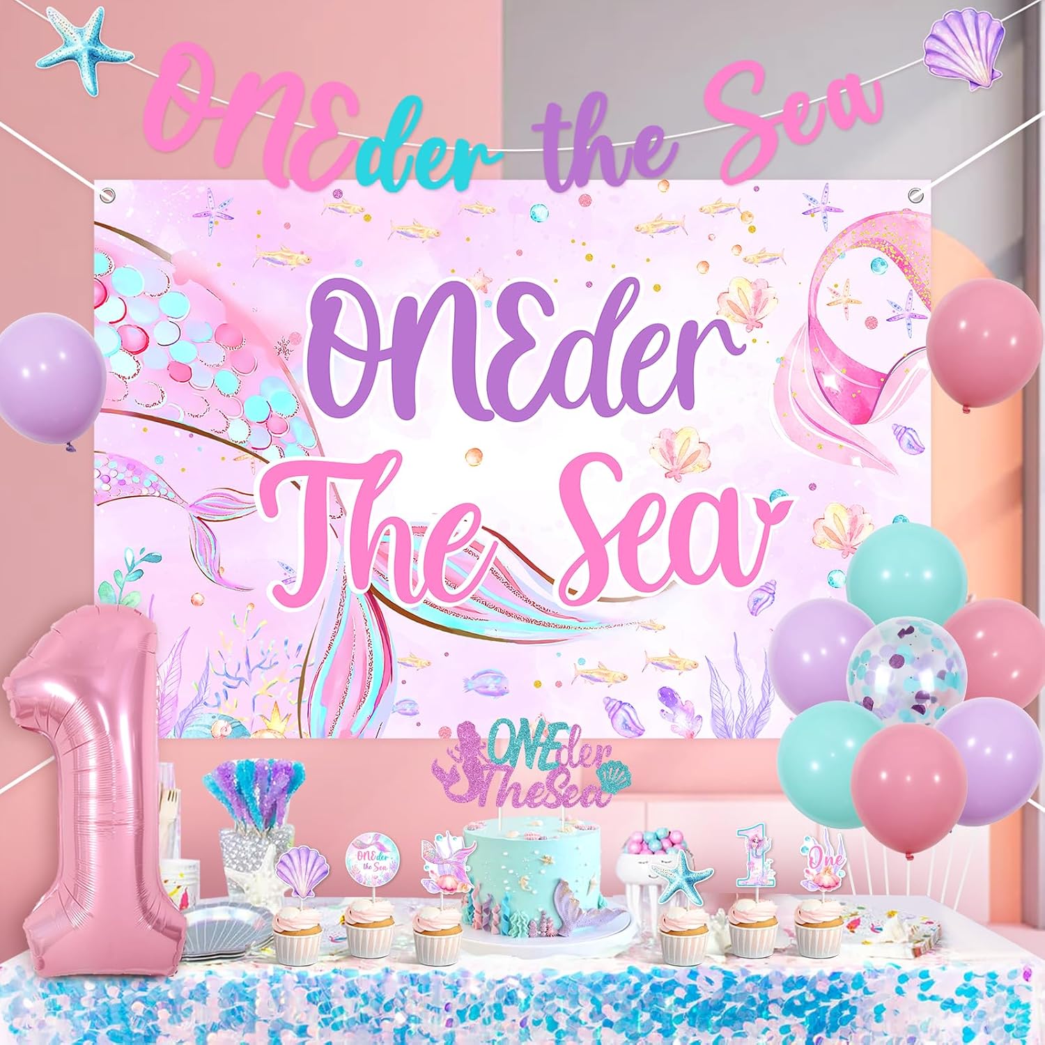 Under the Sea 1st Birthday Decorations for Girls Mermaid Oneder The Sea Backdrop Banner Cake Topper Starfish Shell Mermaid Tail Theme Party Balloon Ocean Animals Creature Party Supply
