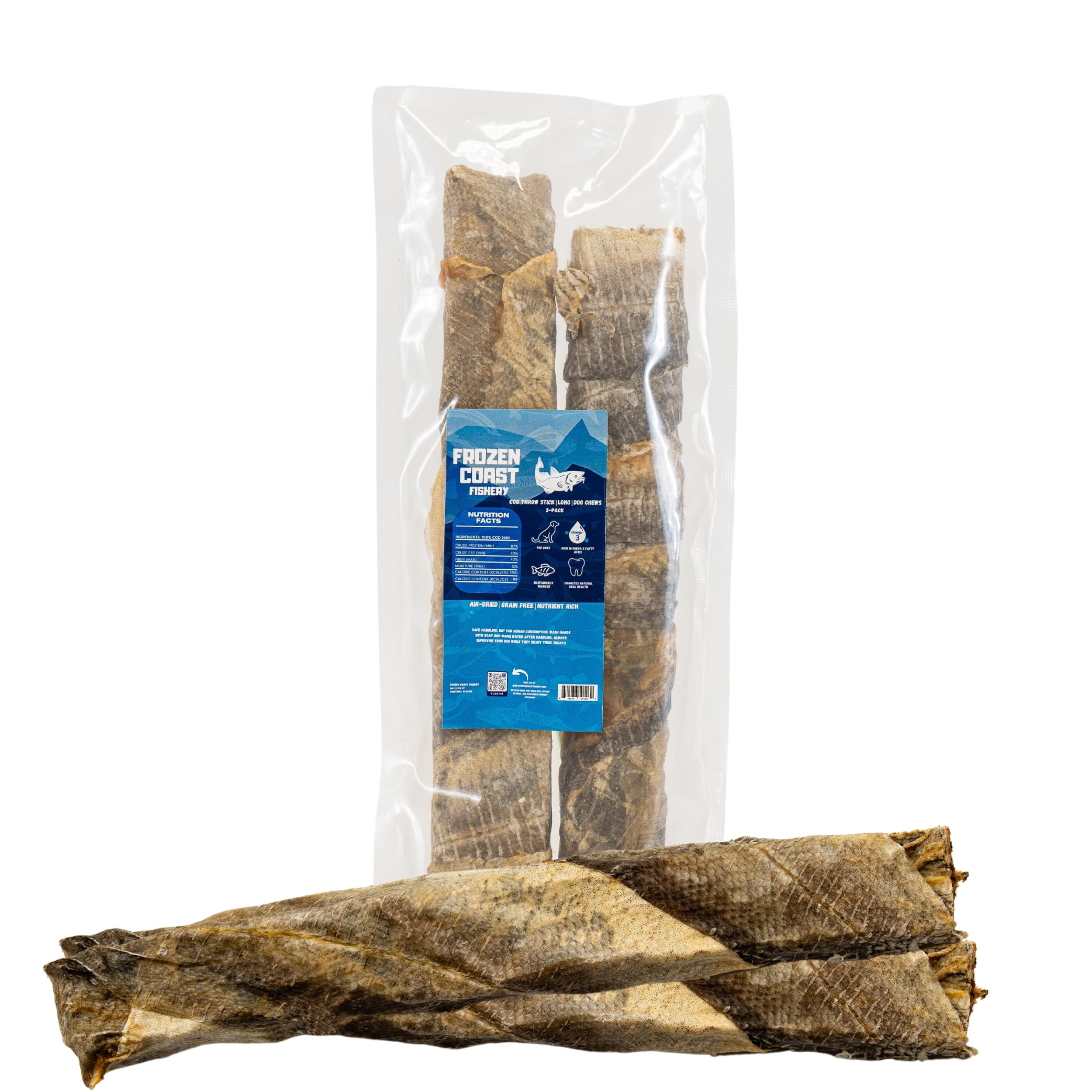 Frozen Coast Cod Throw Large Cod Skin Dog Chews, Wild-Caught, All-Natural-Air-Dried, High-Protein, Omega-3s, Grain-Free (2-Pack)