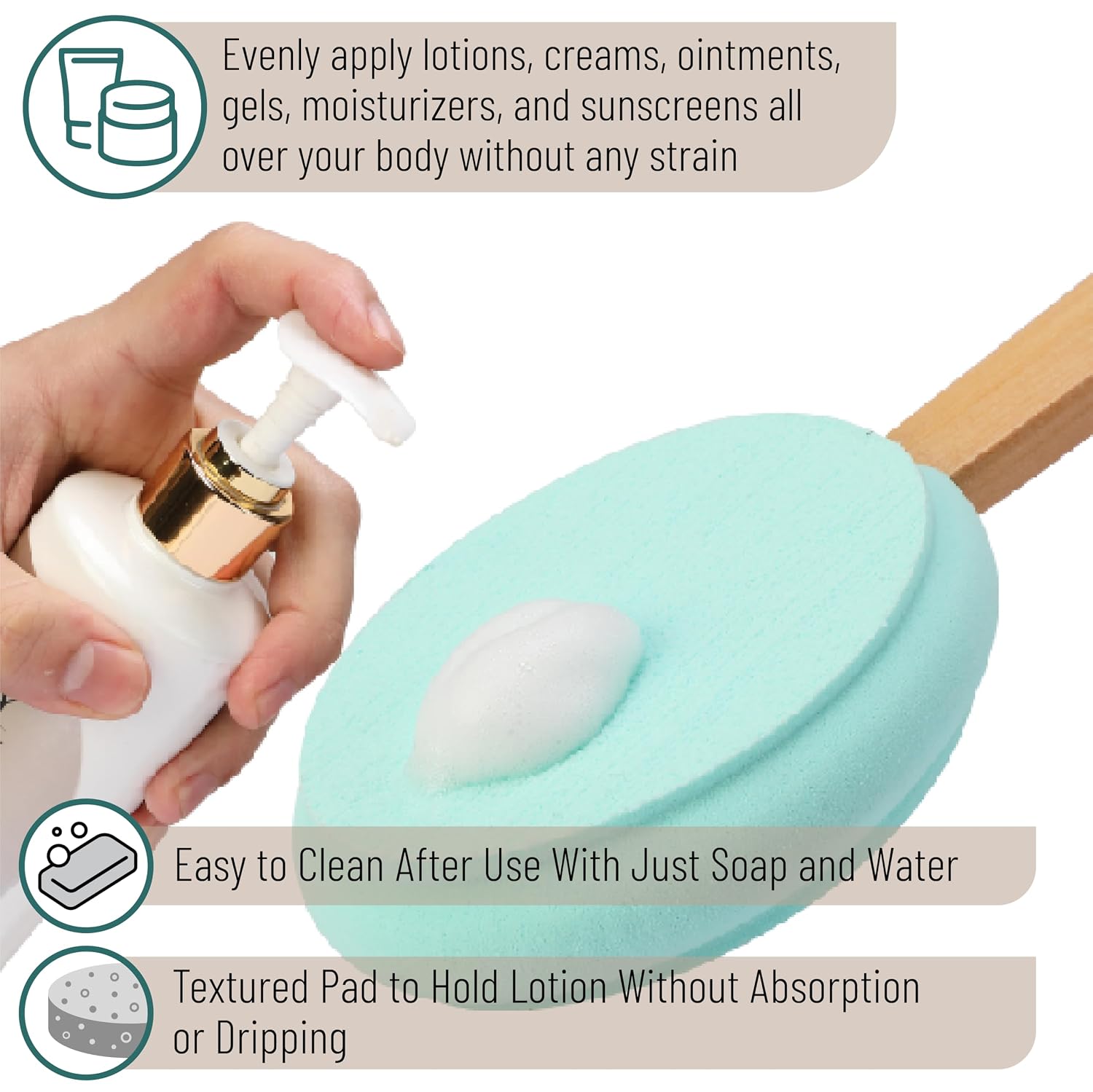 Slick- Lotion Applicator with 3 Extra Pads, 17 Inch, Green, Back Applicator Lotion, Certified Organic, Easy Reach Washable, Self Tanner for All Skin Tone
