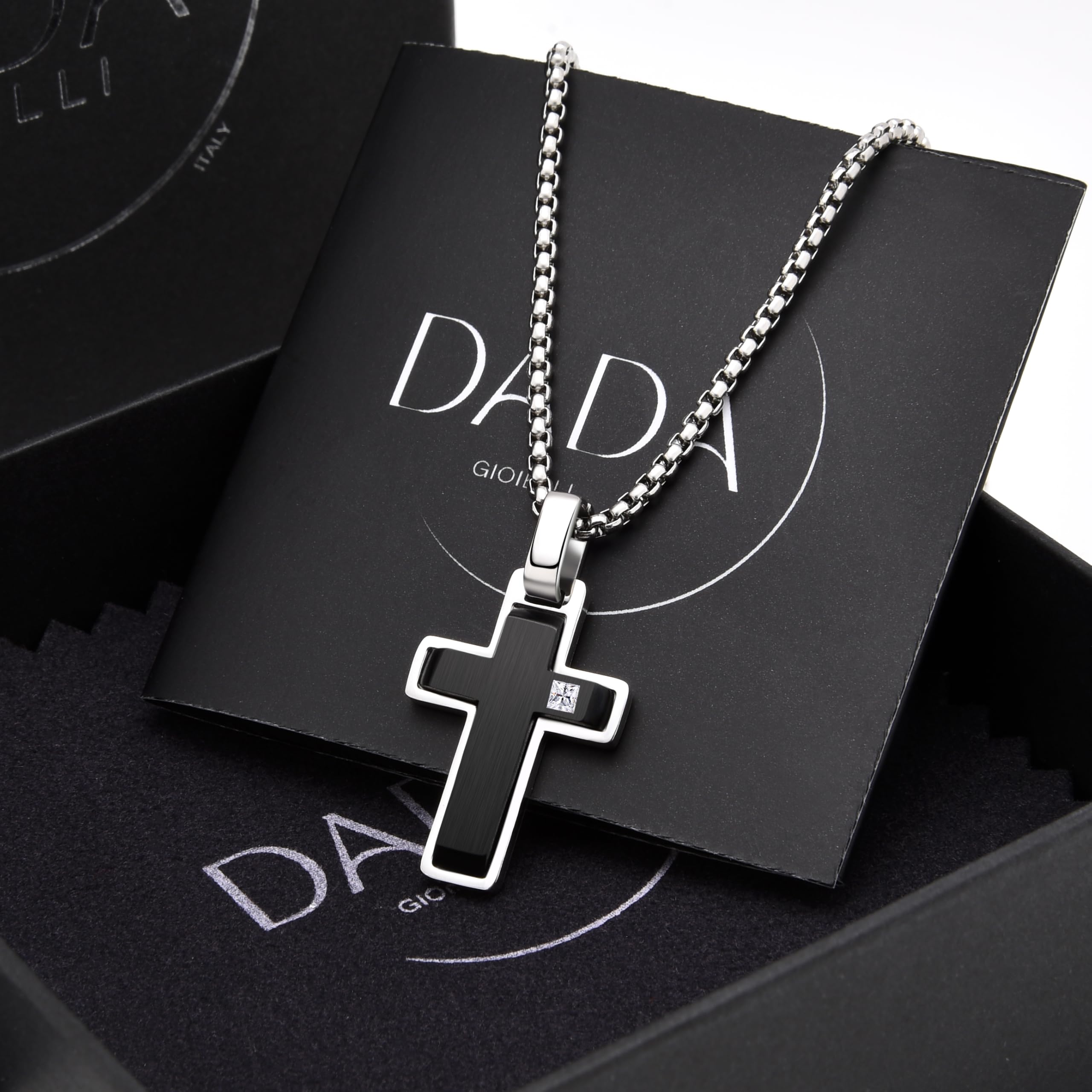 Dada Gioielli - Collana Croce Zircone Brillante Laterale Stile Satinato Diamantato 45+5cm