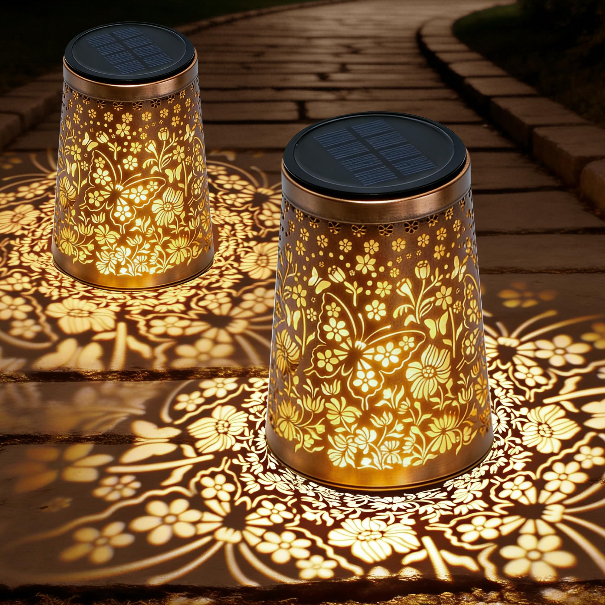 Solar Lanterns for Outside 2 Pack, Garden Ornaments Outdoor Solar Lantern IP65 Waterproof Metal Butterfly Birthday Gifts for Women Mum Grandma for Patio Lawn Yard Decor