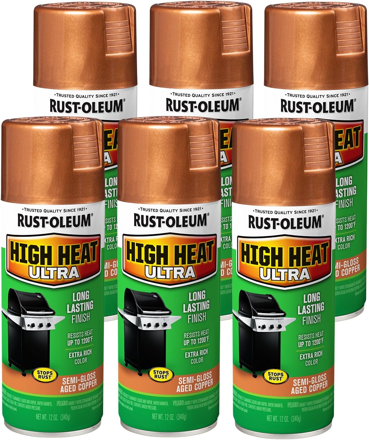 Rust-Oleum 241232-6PK High Heat Ultra Spray Paint, 12 oz, Aged Copper, 6 Pack