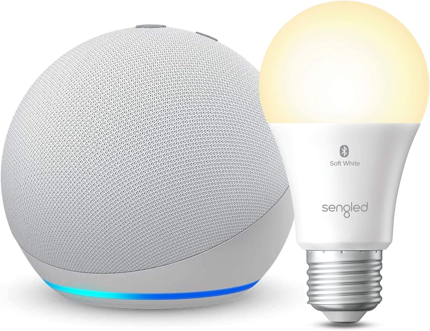 Echo Dot (4th Gen) | Glacier White with Sengled Bluetooth bulb | Alexa smart home starter kit