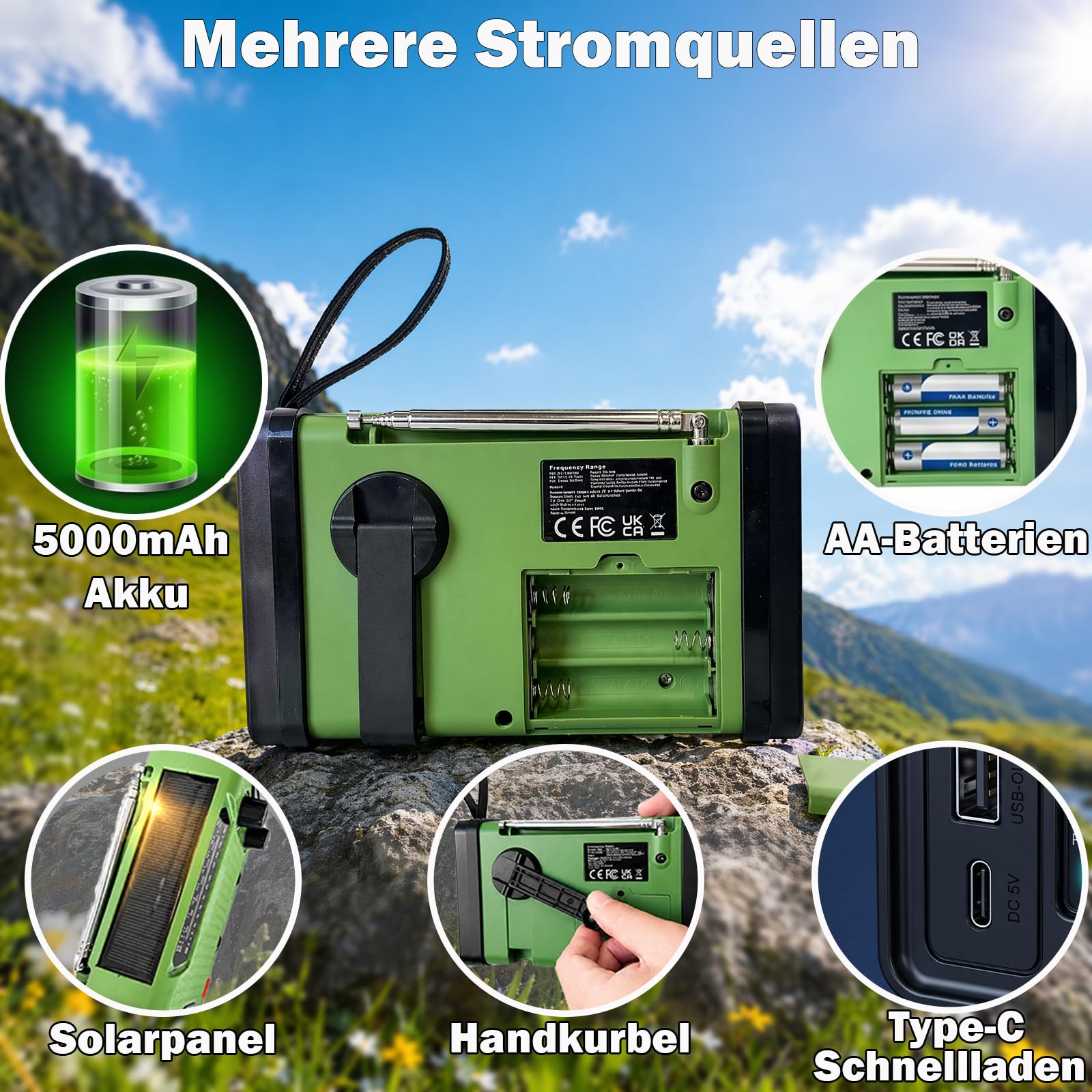 Kurbelradio mit 5000mAh Powerbank, Notfallradio AM/FM/SW Weltempfänger, Tragbares Radio Batteriebetrieben mit USB-C Handyladung, SOS-Alarm, LED Taschenlampe & Leselampe für Camping, Outdoor, Blackout