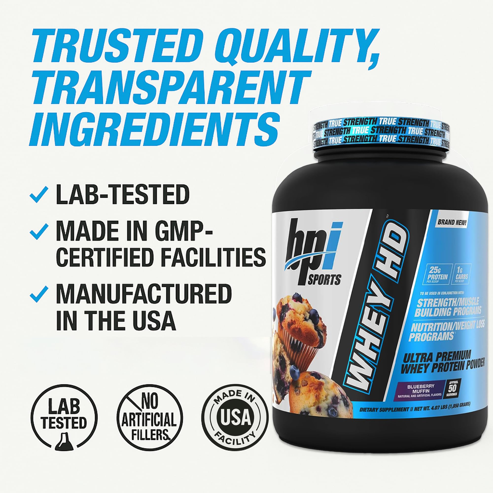 BPI Sports Whey HD Ultra Premium Protein Powder Isolate | Workout Whey Protein Powder for Men & Women for Muscle Gain | Milk Protein Concentrates | Blueberry Muffin, 4.07 Pound — Amazon image 6