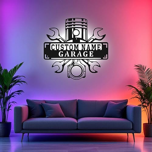Miniatura 4 de Letrero de metal personalizado con nombre LED, letrero de garaje personalizado, letrero de nombre de taller personalizado para habitación,
