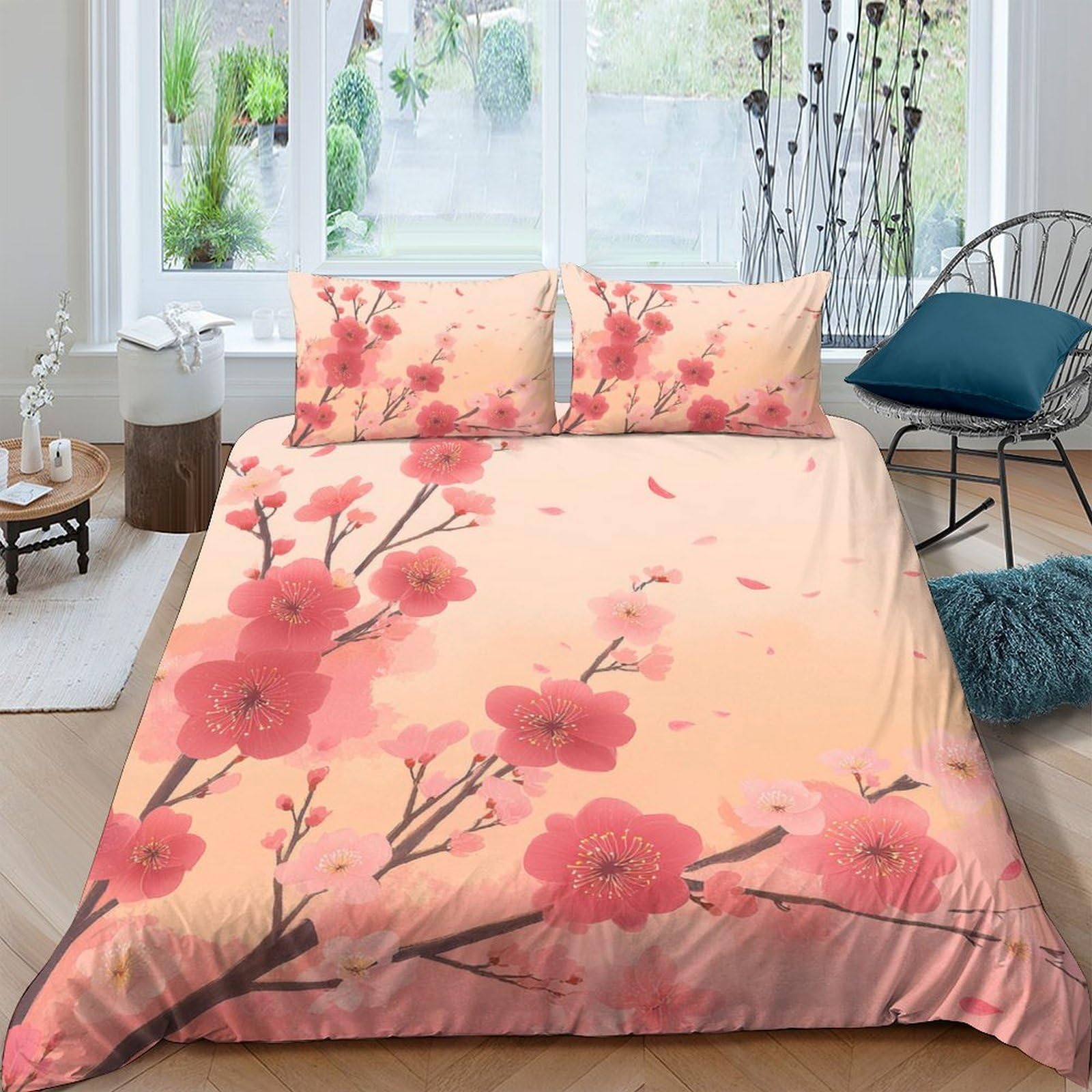 Ctjqhvkz Style-1 3D Printed Cherry Blossom Fitted Sheet Microfiber Peach Pink Floral Bed Cover For Bedroom Dorm Mattress Decor Single（135X200cm）