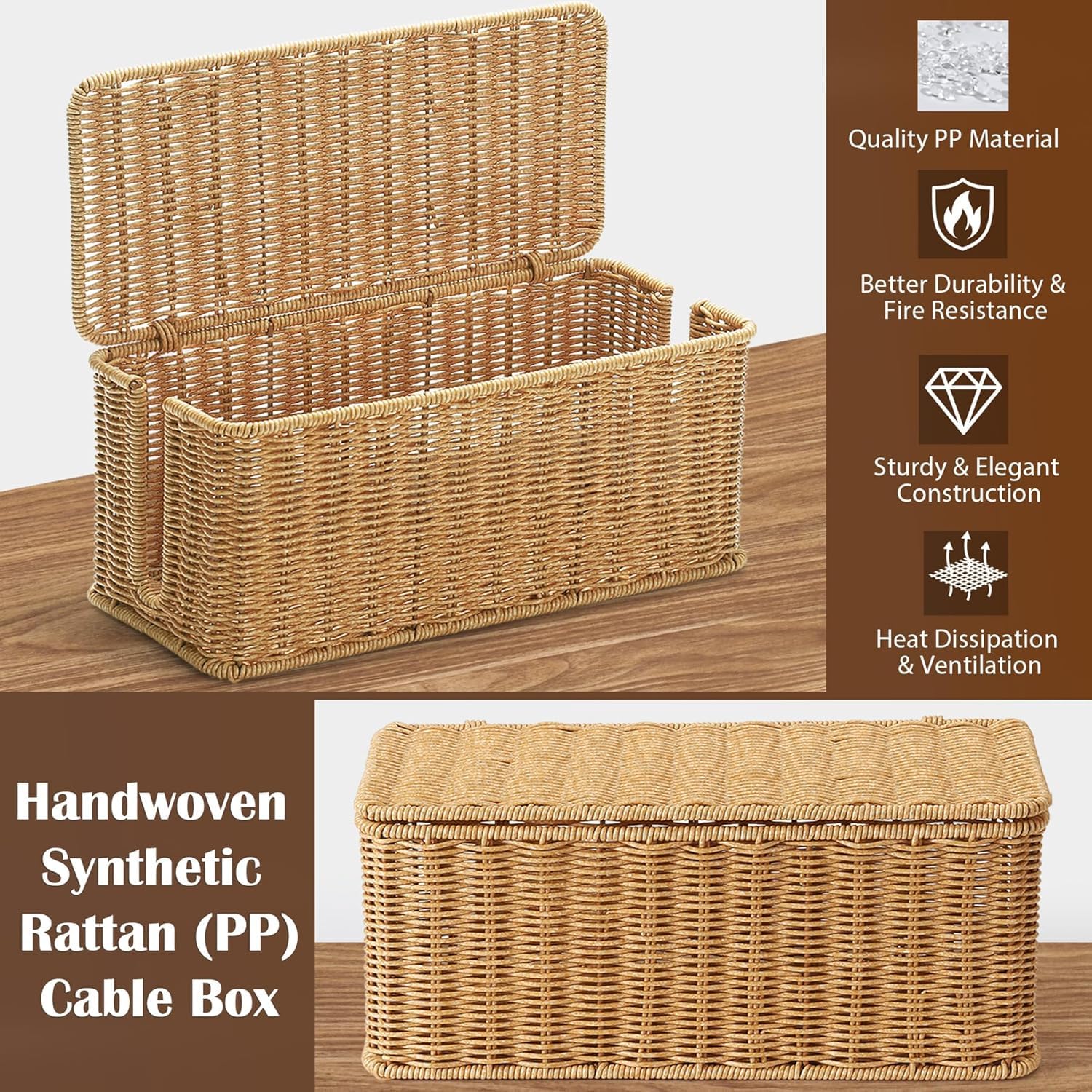 Rattan Kabelmanagement Box, Handgemachte Kabelbox mit Deckel, Kabelmanagementbox mit Seitlicher Öffnung Kabelsalat Verstecken Schreibtisch Steckdosenbox für Büro, Zuhause (Holzfarben)