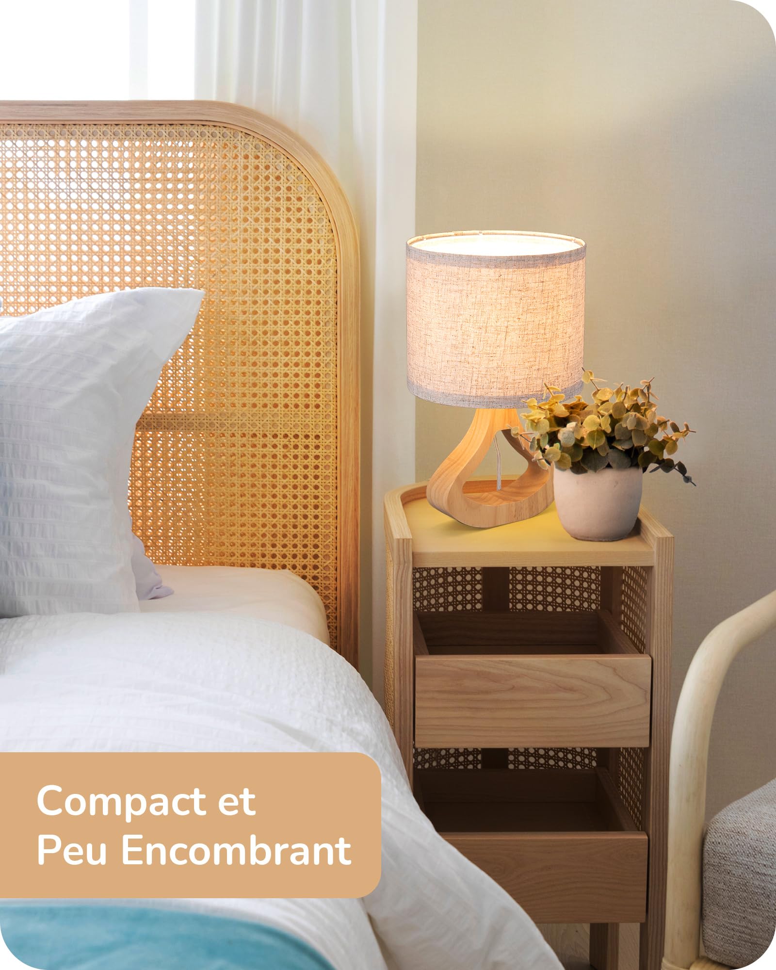 EDISHINE Lampe de Chevet avec Abat-jour en Lin & Base en Bois Massif de Teinte Chêne Clair, E27 4W Ampoule LED Incluse, 2700K Blanc Chaud, H34 cm, Ø21 cm, Lampe de Table Moderne pour Salon, Chambre