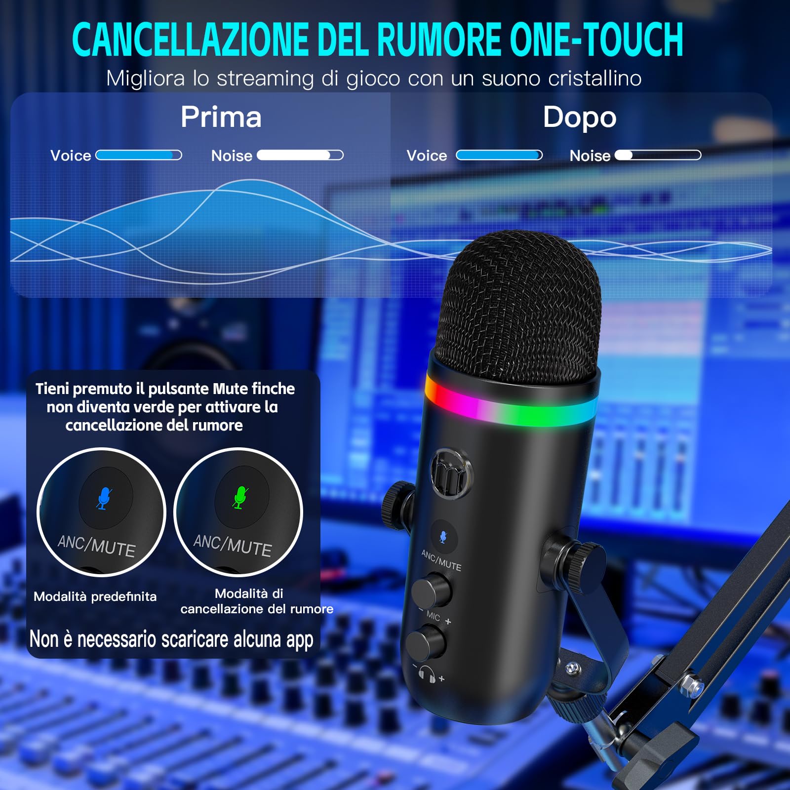 zealsound Microfono USB per Podcast con Braccio, Microfono RGB Gaming con cancellazione del rumore, Mute Rapido e Jack di Monitoraggio, Microfono da Studio per PC/Mac/Phone, Streaming e YouTube