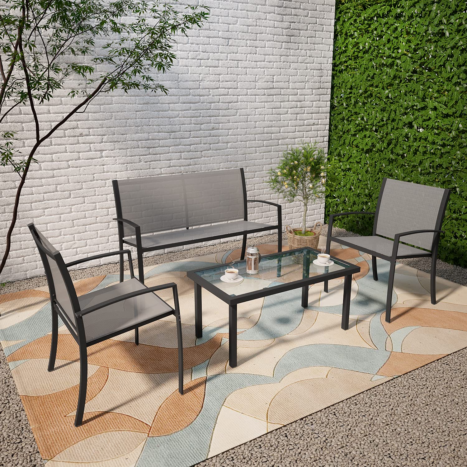 joolihome living Outdoor Garden Furniture Set, Patio Conservatory 4 Piece Set Coffee Table Chair Sofa, Indoor Outdoor Dining Set for Backyard Poolside Lounge Balcony Terrace (4 Seater, Grey)