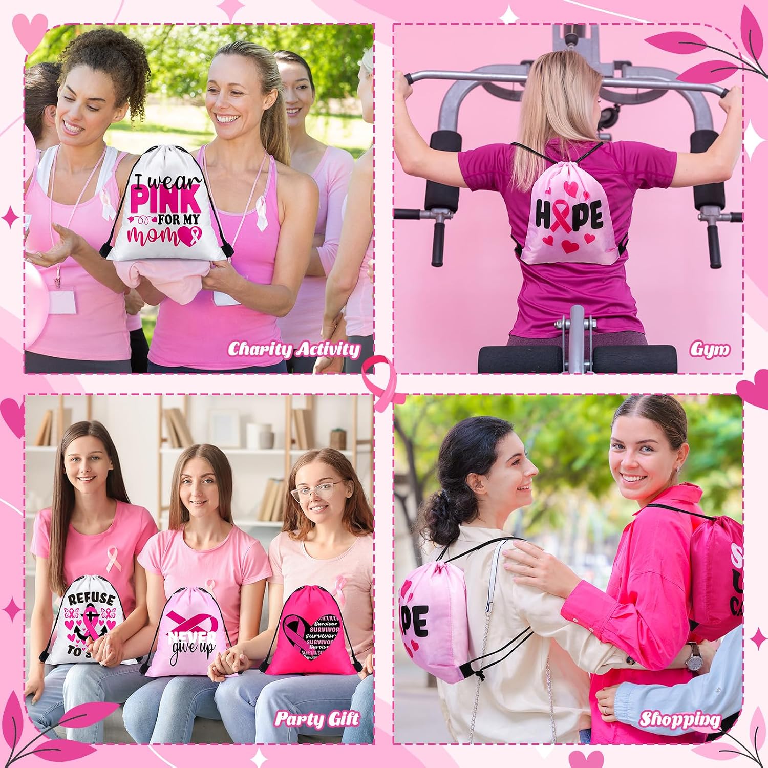Amylove 48 Pcs Drawstring Backpack 11.8'' Ribbon Polyester Bag Gym Sport Sackpack for Charity Party Gift Travel Storage Accessories(Breast Cancer Awareness)
