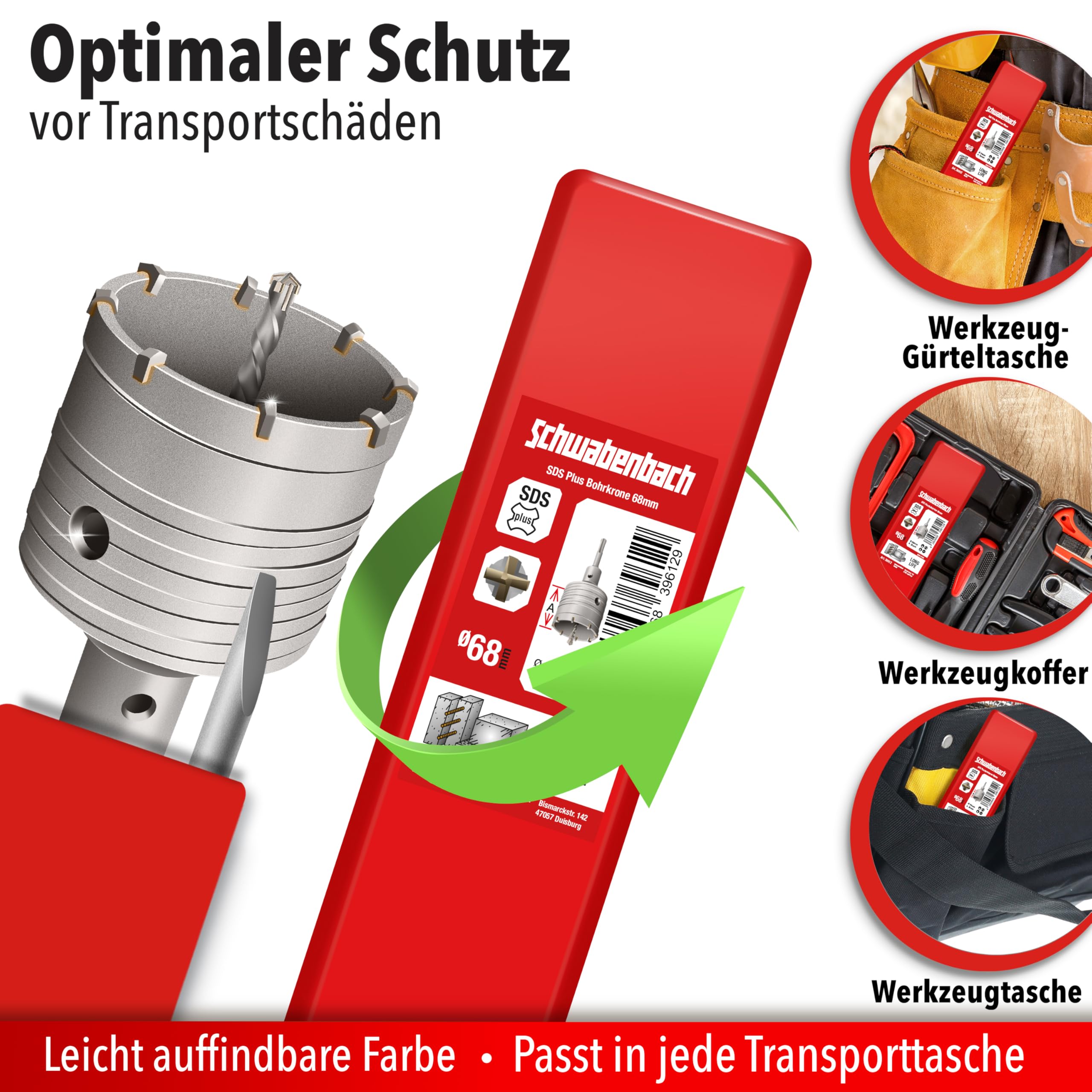 SCHWABENBACH® Scie Cloche Béton SDS Plus Ø68 mm | Scie Cloche 68mm avec Foret de Centrage - Trépan Béton M22 en Acier CR40 avec Dents en Carbure - Foret SDS - Foret SDS Plus